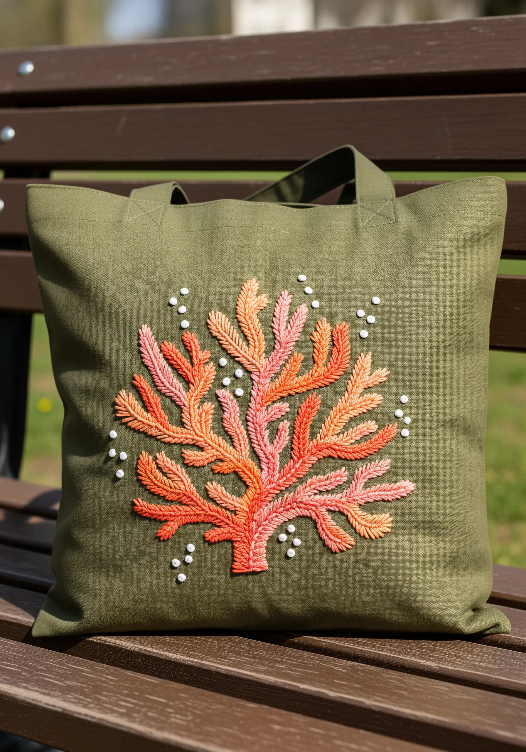 Embroidered coral in shades of orange and pink with raised texture on an olive green bag.