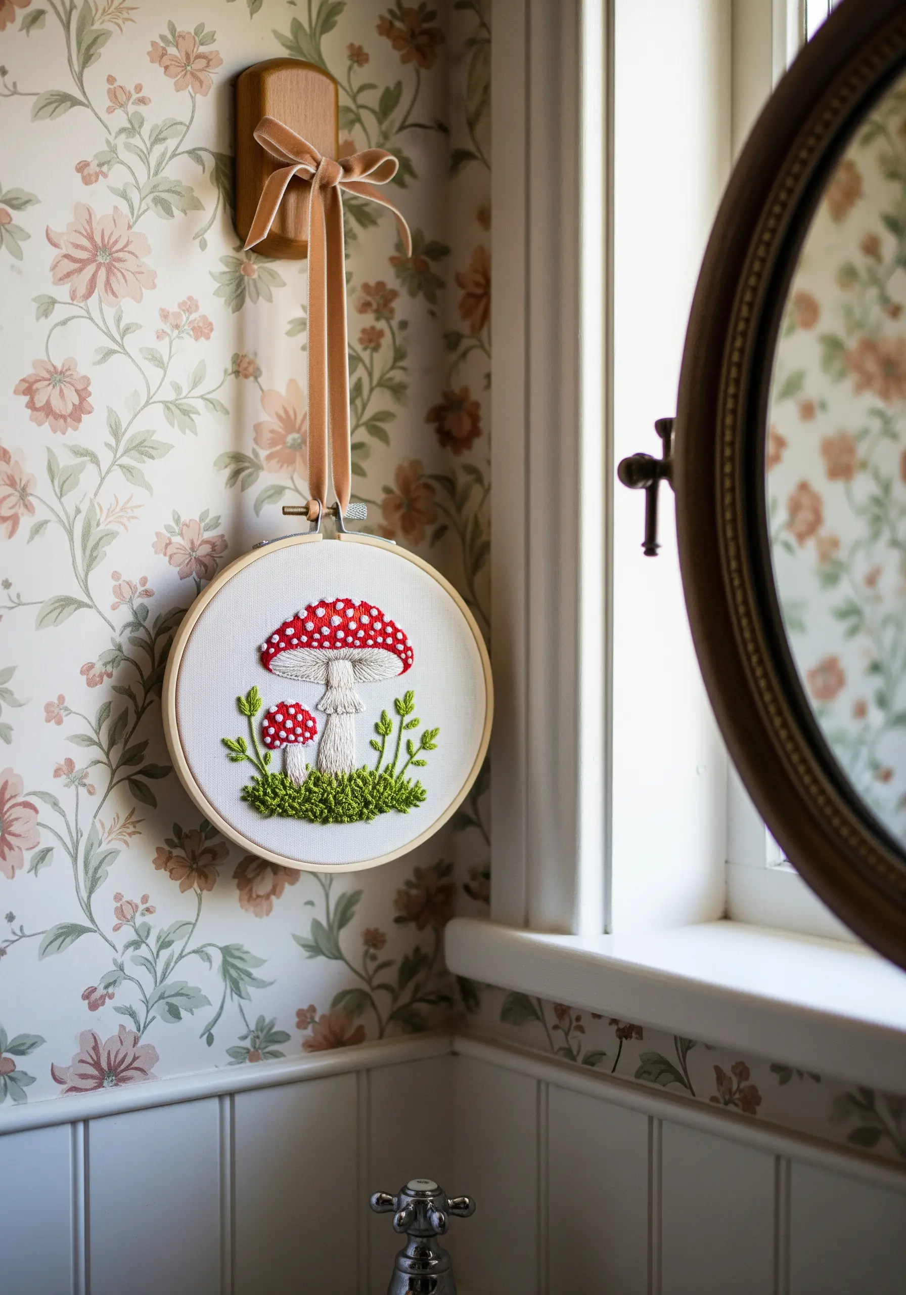 Two embroidered red-and-white toadstools with raised, dimensional caps.