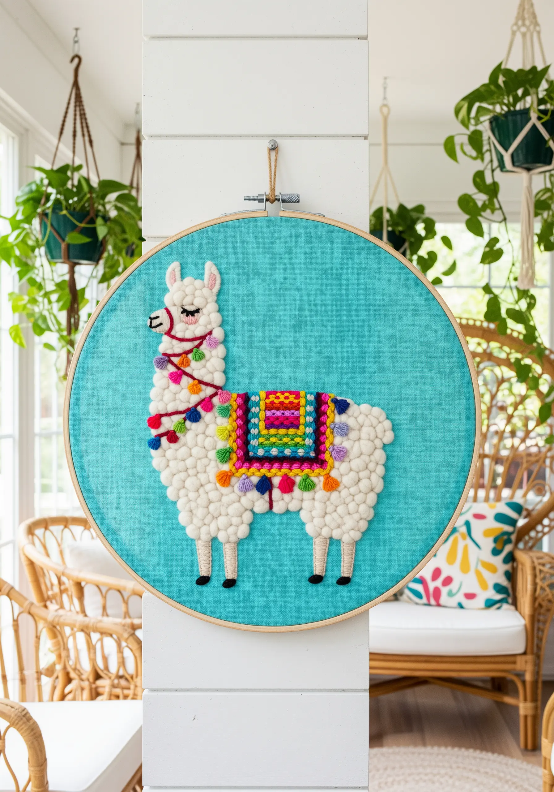 Llama embroidery with dense white French knots and a colorful woven saddle.