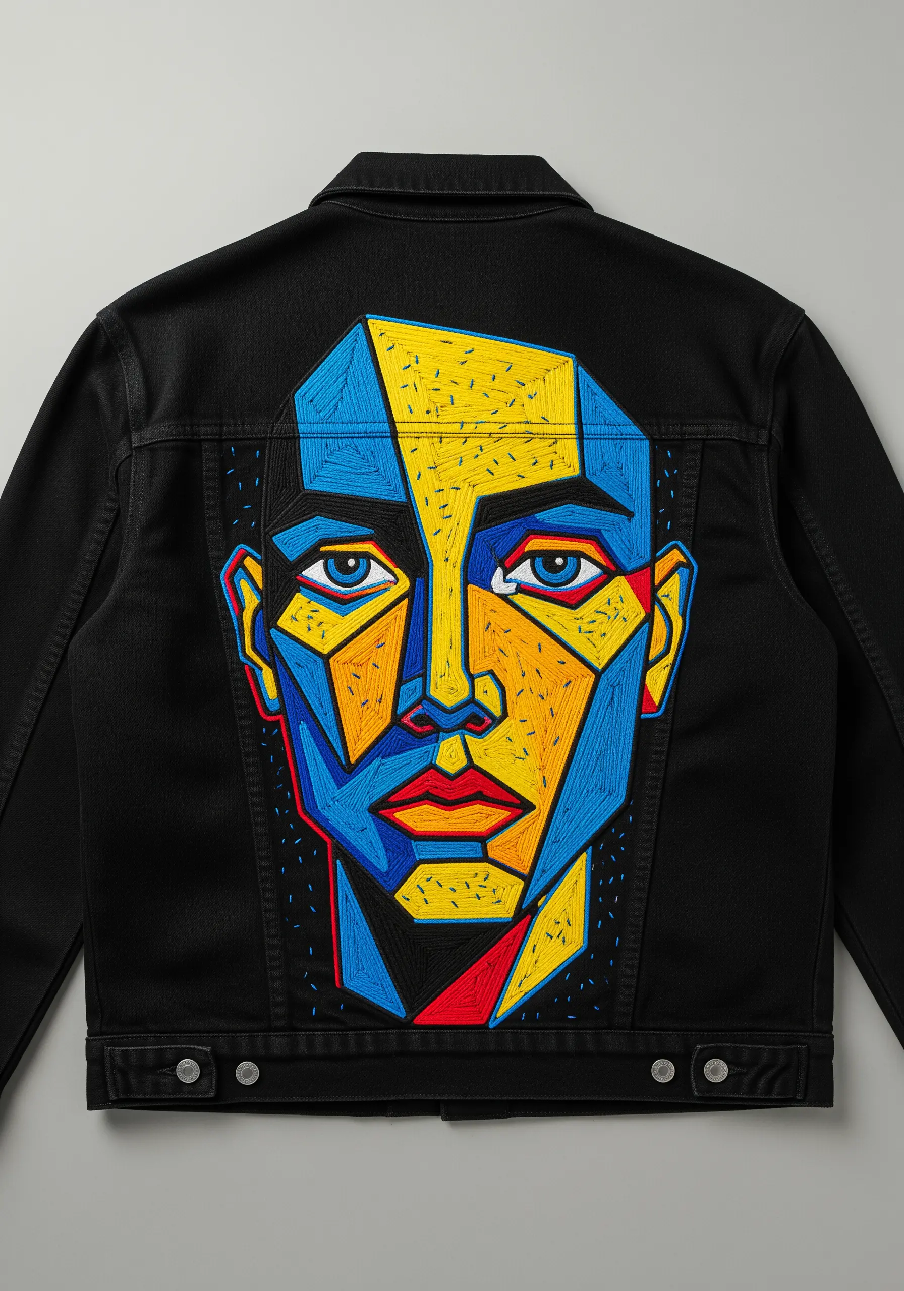 Abstract geometric portrait on a black denim jacket, using blue, yellow, and red color blocking.