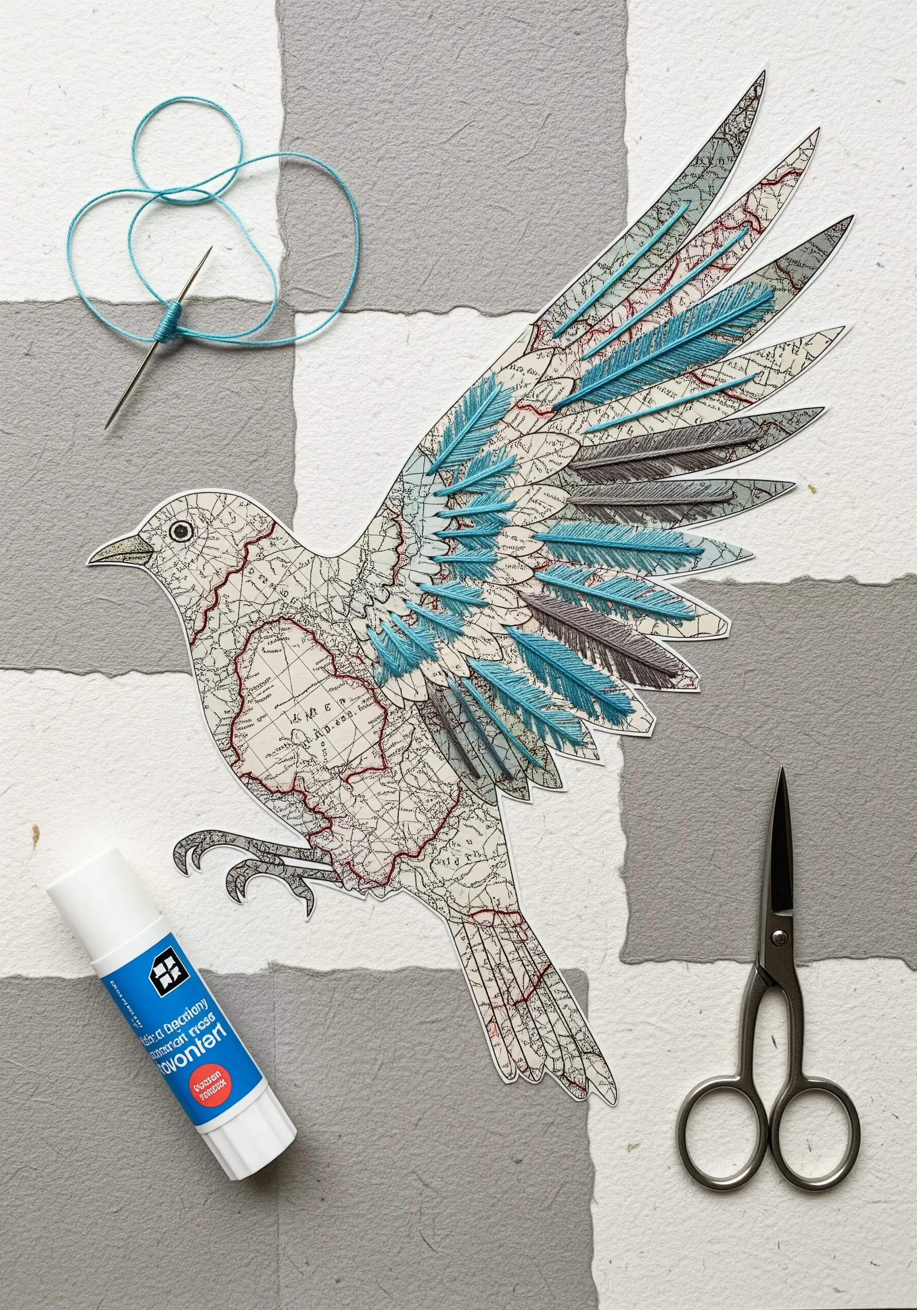 A bird collage made from map paper, with layered paper feathers creating a 3D effect.