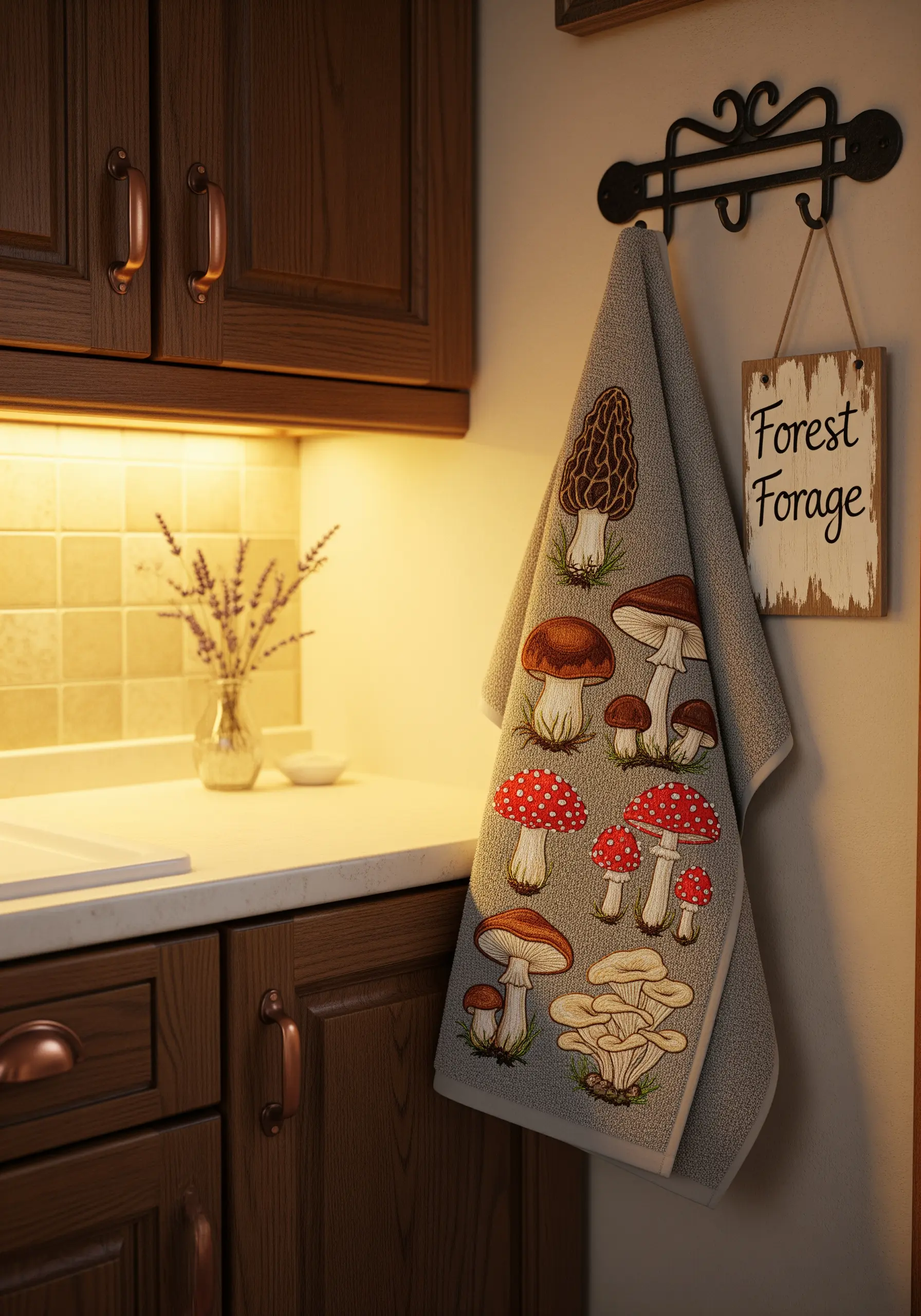 A variety of realistically embroidered mushrooms on a grey-brown kitchen towel.