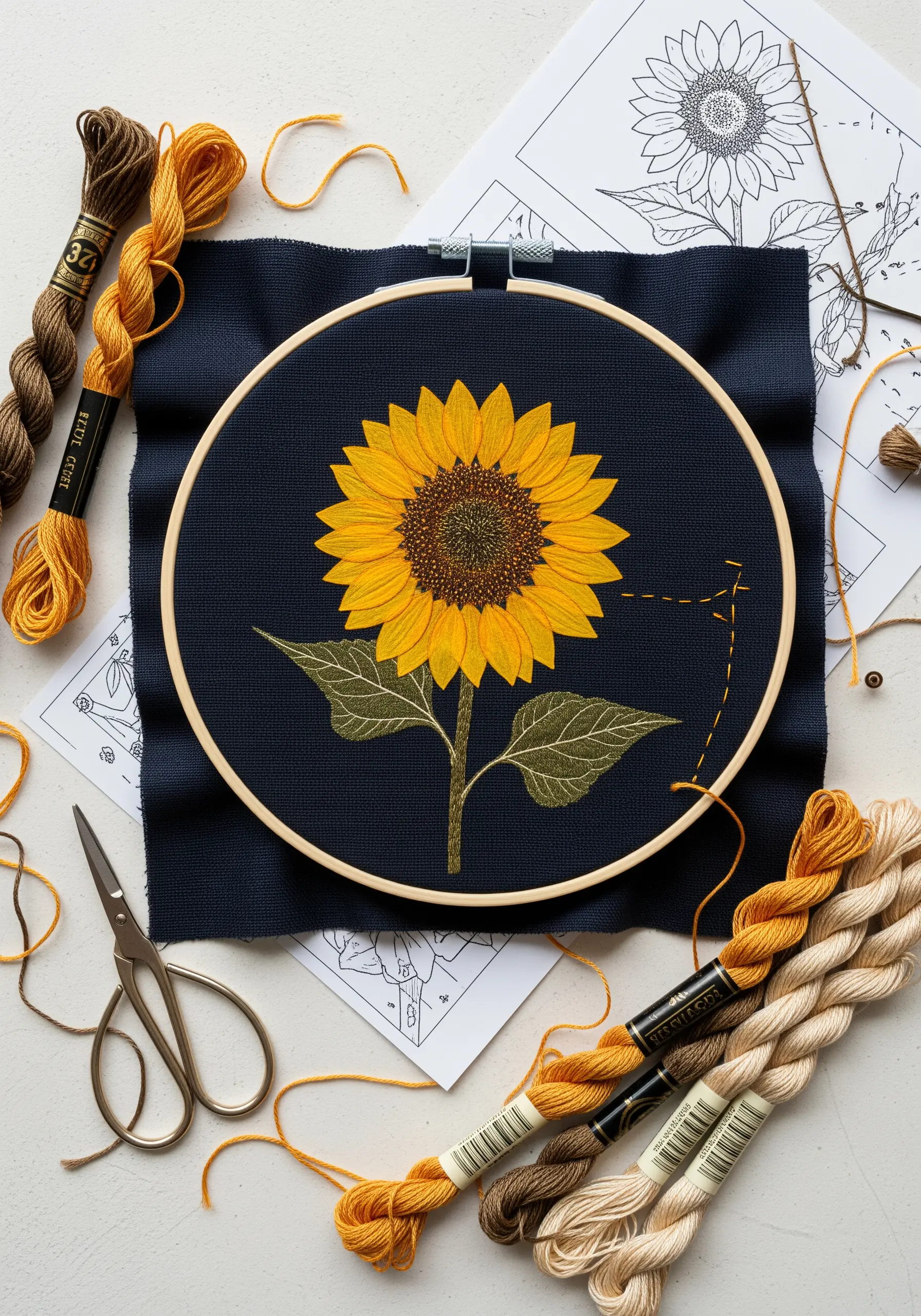 An embroidered sunflower on dark fabric, featuring a highly textured center made of French knots.