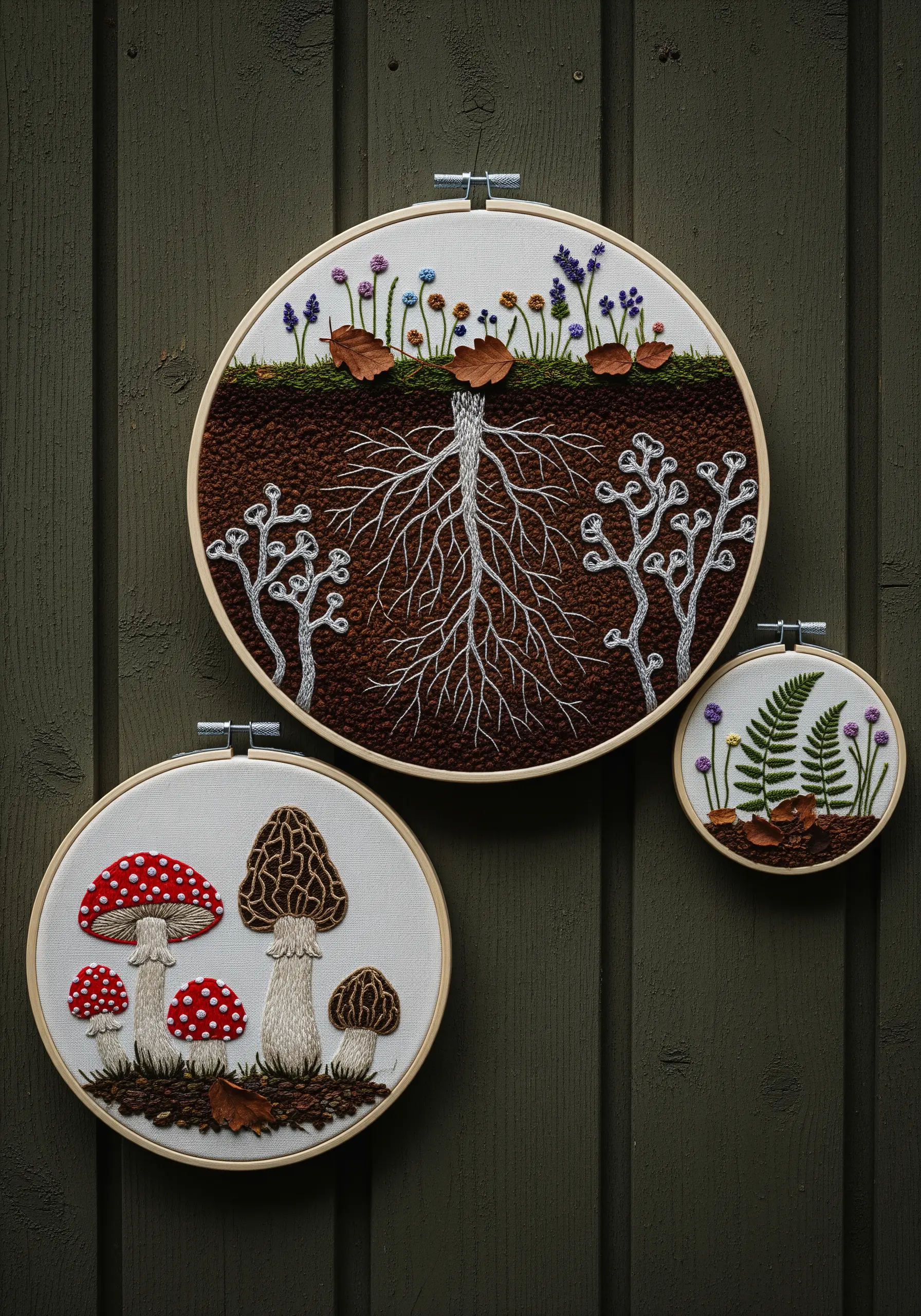 Embroidery triptych showing mushrooms, flowers, and the root system beneath the soil.