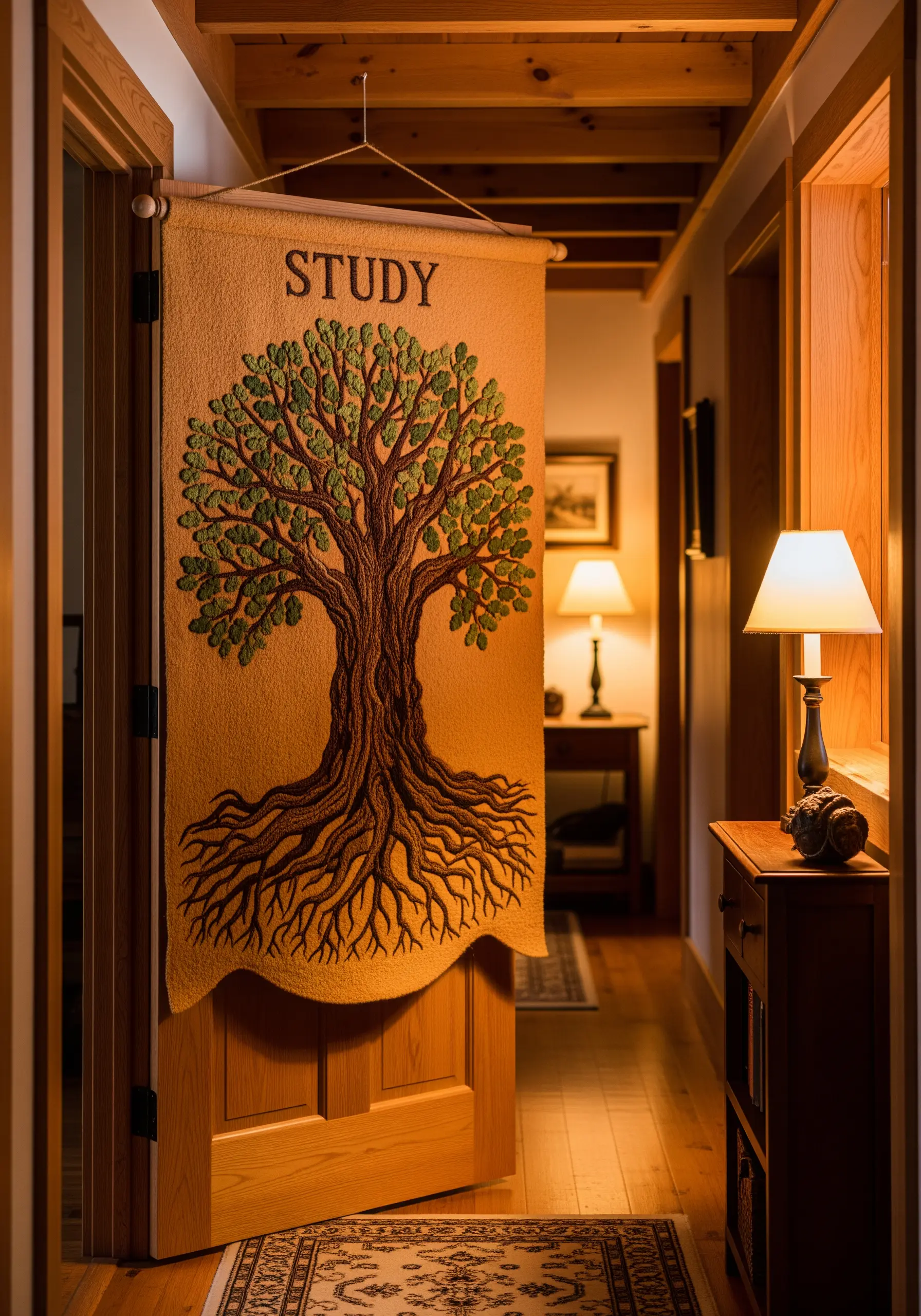 A detailed tree of life with intricate roots and leaves embroidered on a wool banner.