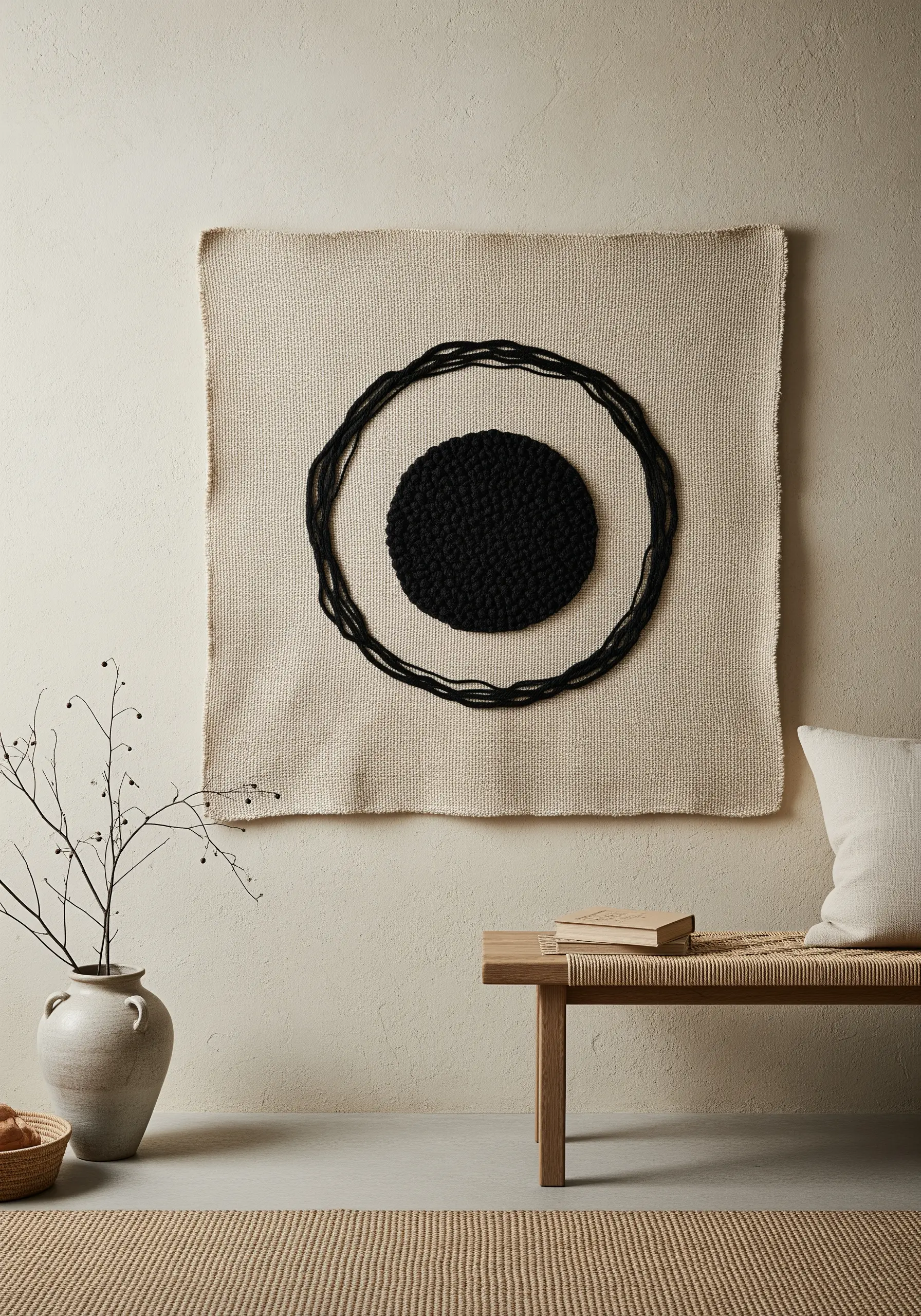 Abstract textile wall art with a couched black yarn circle on a neutral background.