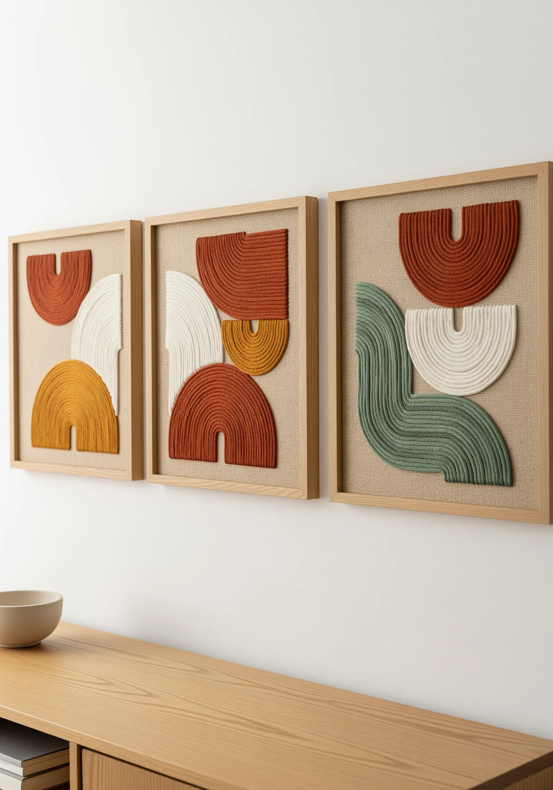 A triptych of framed textile art with raised, couched yarn in abstract shapes on burlap fabric.