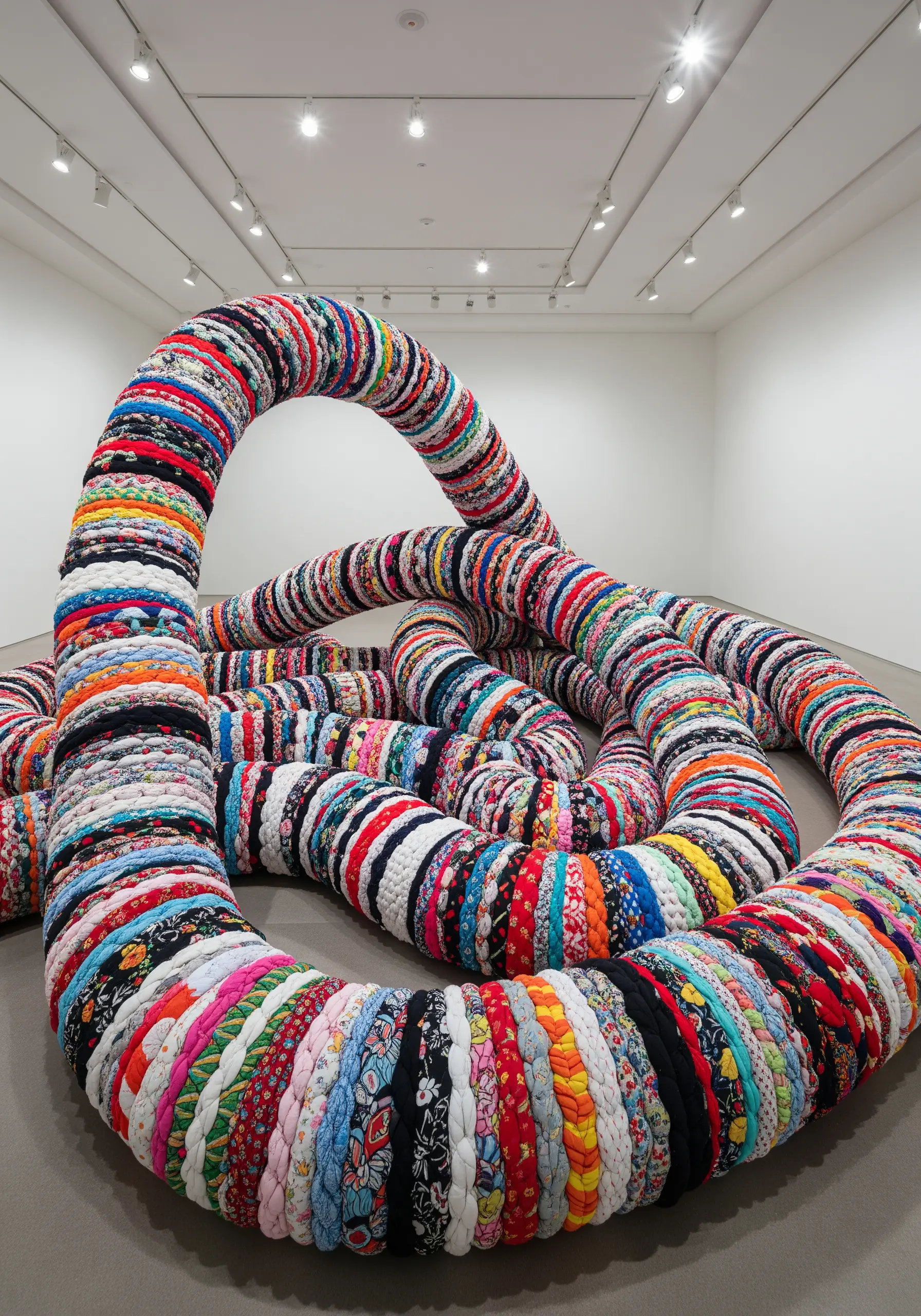 A large, coiling snake-like sculpture made of colorful fabric scraps wrapped around a core.