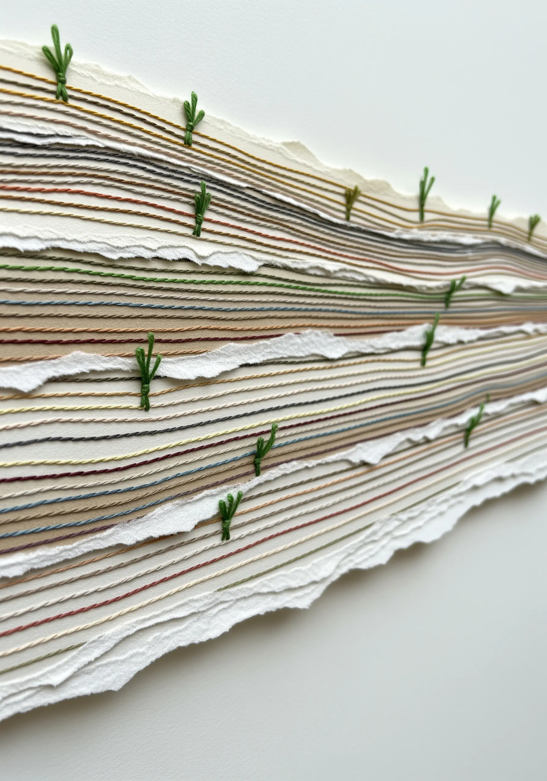 A dimensional wall sculpture made of layered torn paper strips, stitched with horizontal threads.