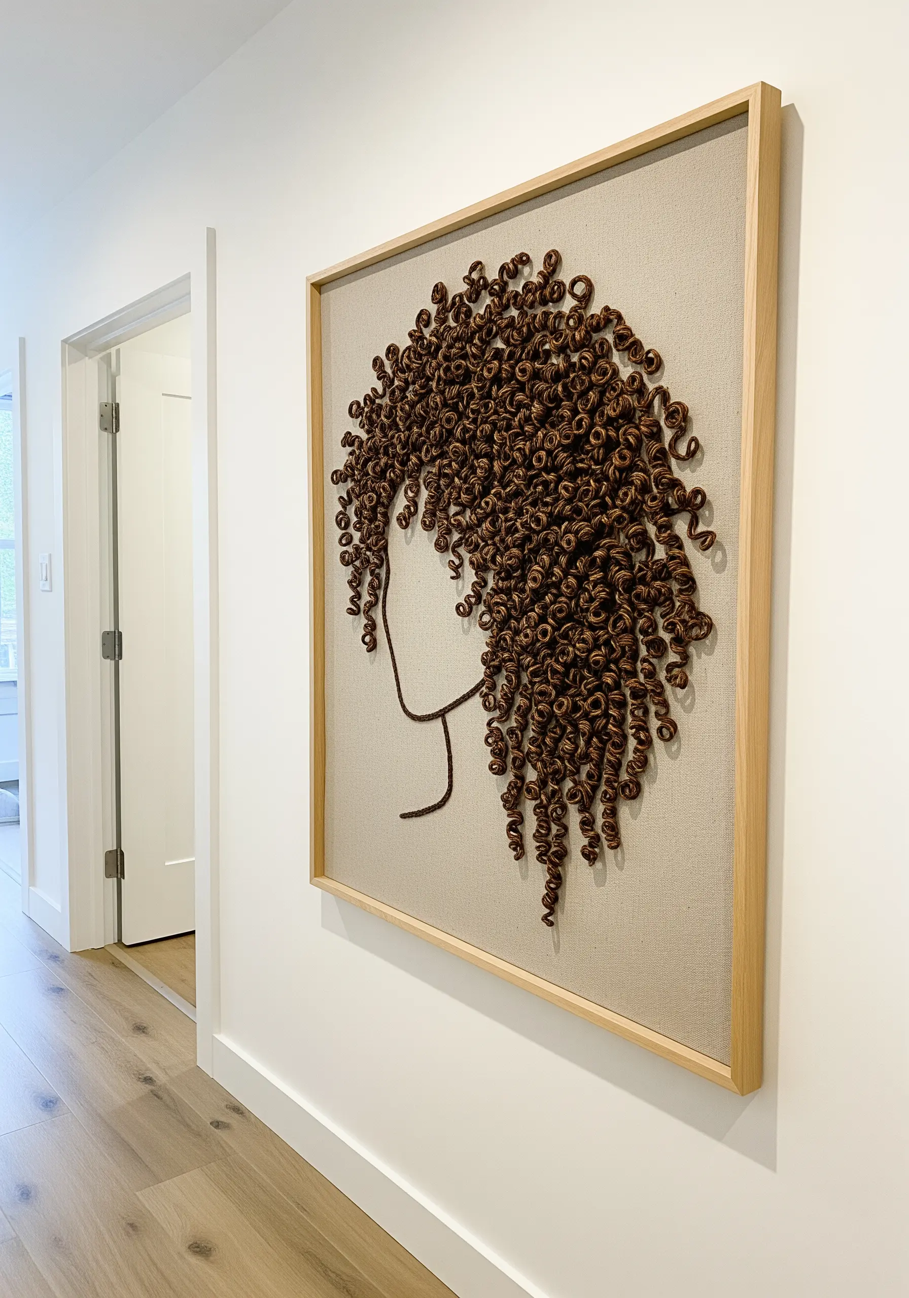 Line-art portrait with highly textured, three-dimensional curly hair.