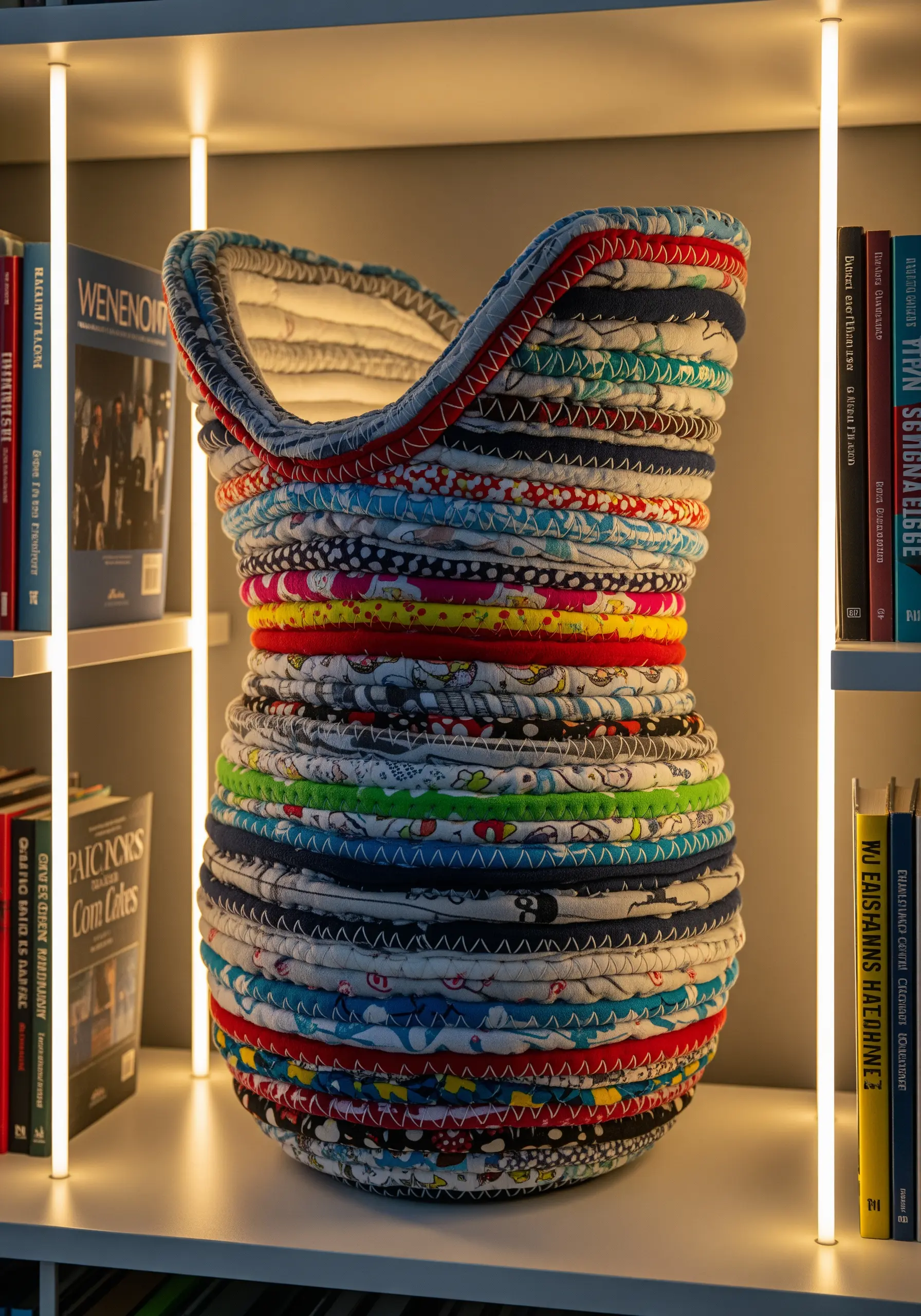 A coiled fabric basket made from colorful scrap fabrics with visible decorative stitching.