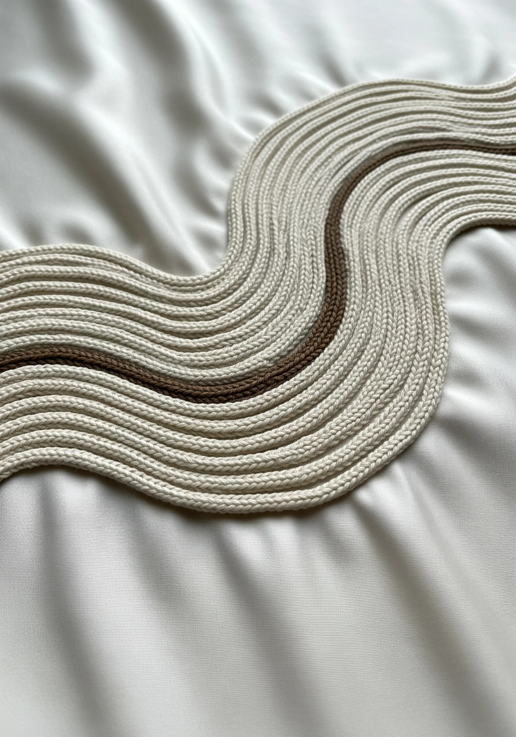 Thick, parallel cords in neutral tones couched in a wave pattern onto silky fabric.