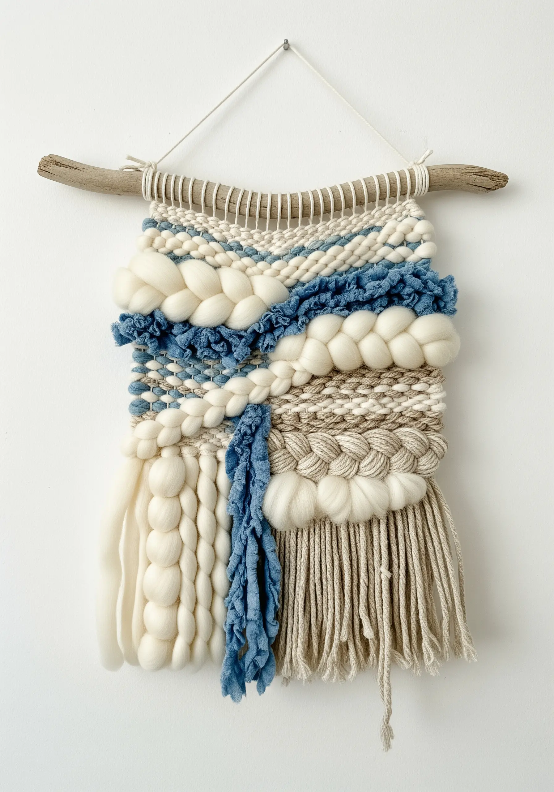 Woven wall hanging on driftwood with chunky cream roving, blue accents, and braided textures.