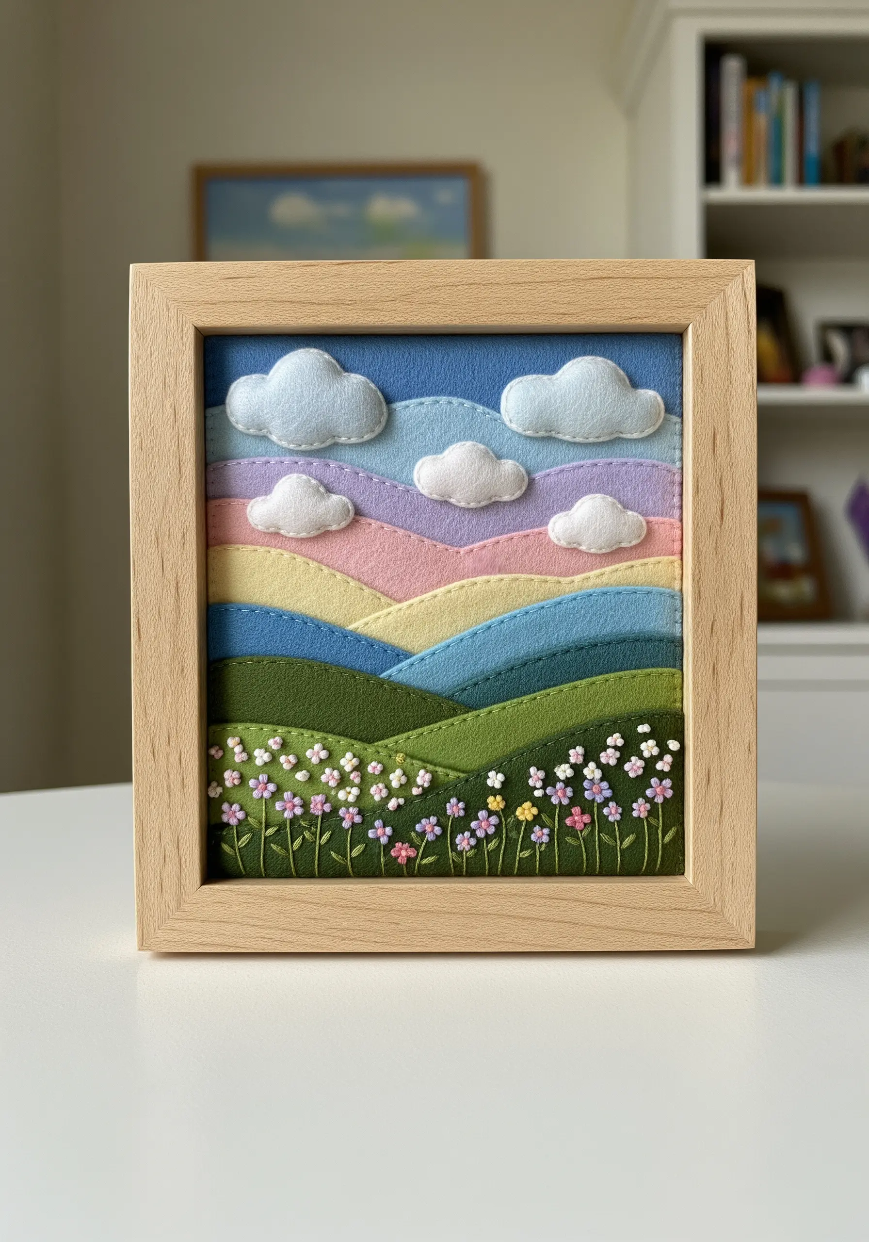 A framed landscape made from layered felt hills with tiny embroidered flowers.