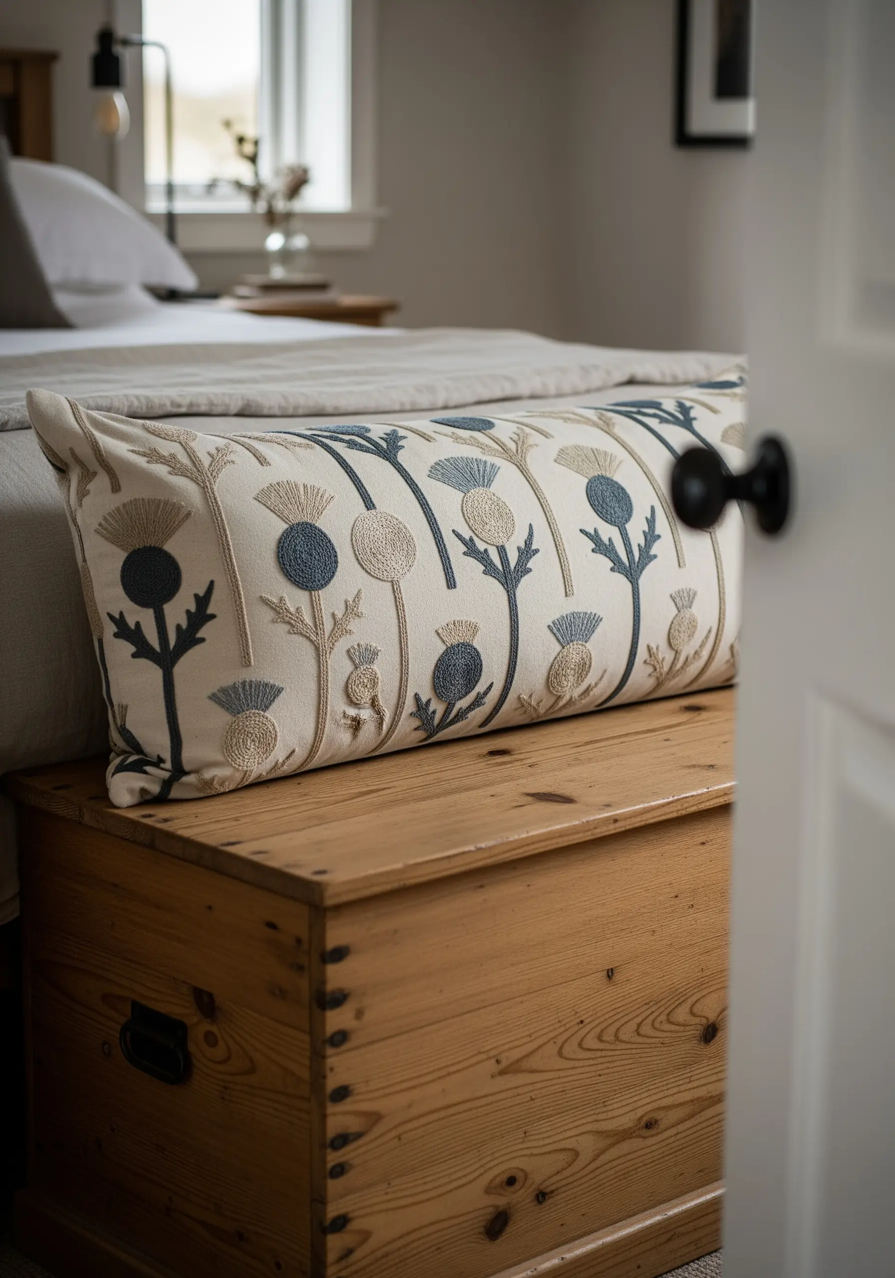 A long lumbar pillow embroidered with a repeating pattern of stylized Scottish thistles.