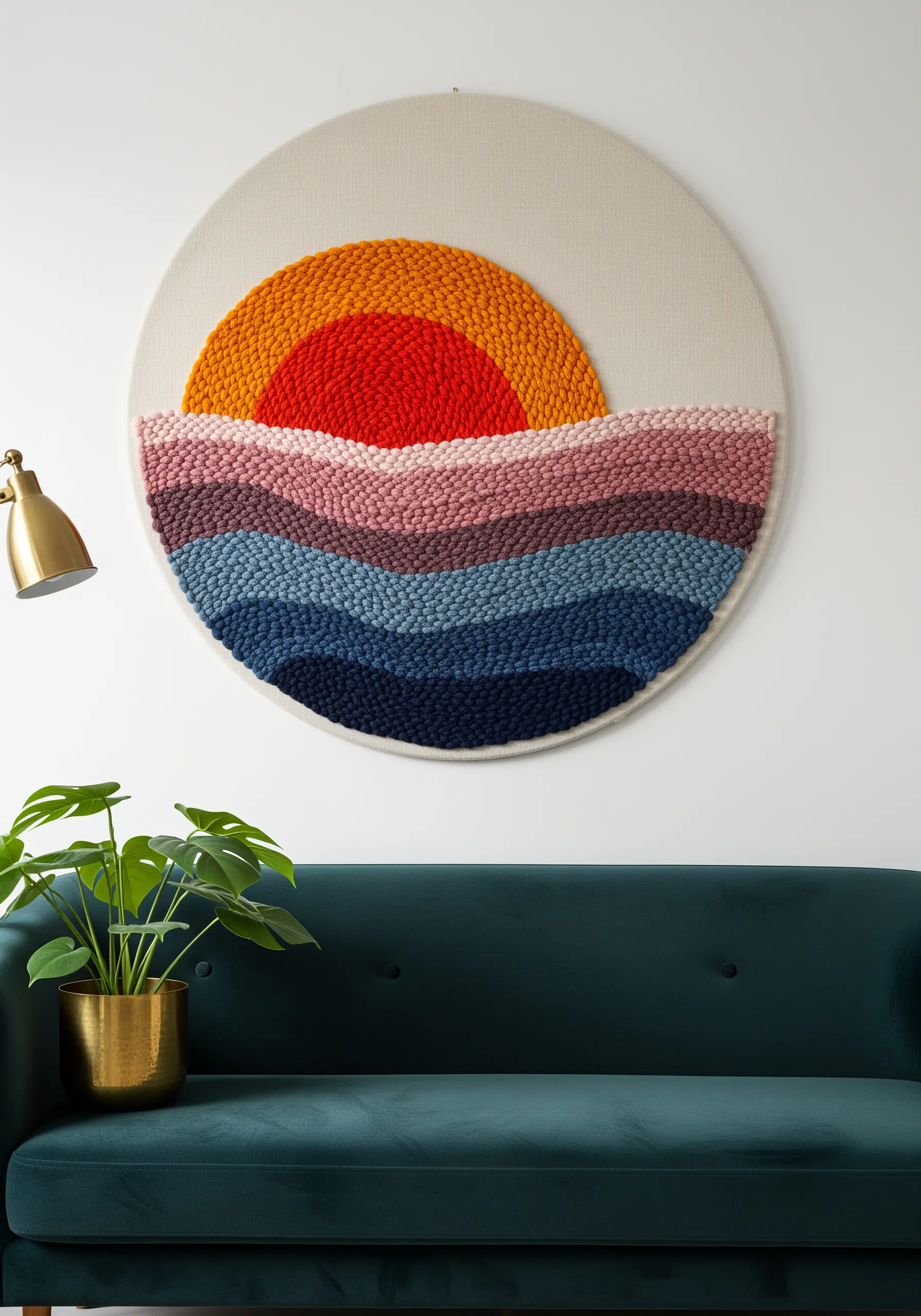 Circular punch needle wall art of a sunset with vibrant, textured loops in orange, pink, and blue.