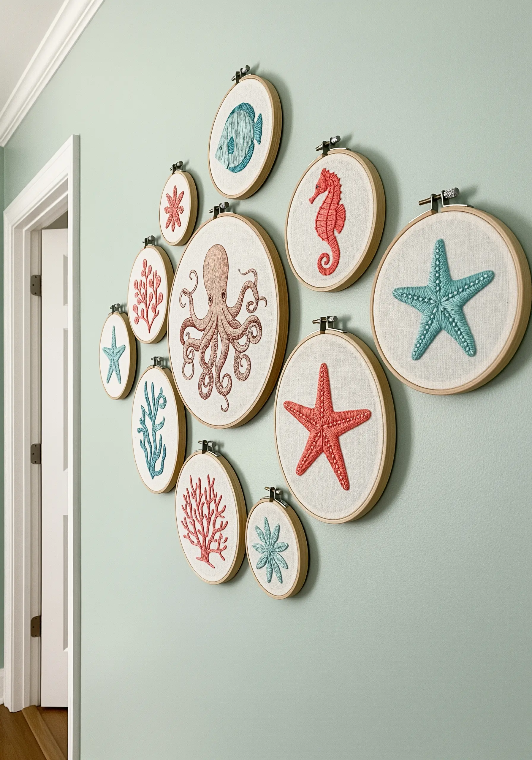 A wall collection of various-sized embroidery hoops featuring colorful sea creatures like starfish and octopus.