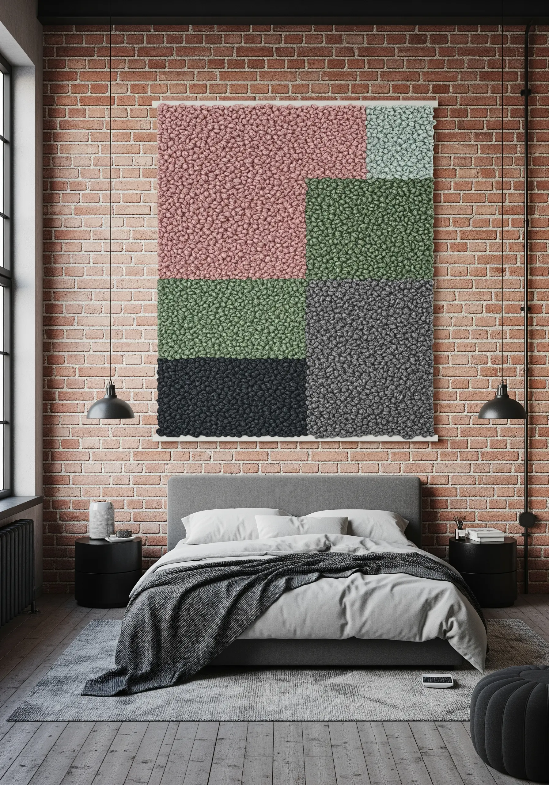 A large, color-blocked wall hanging filled with dense French knots in muted tones.