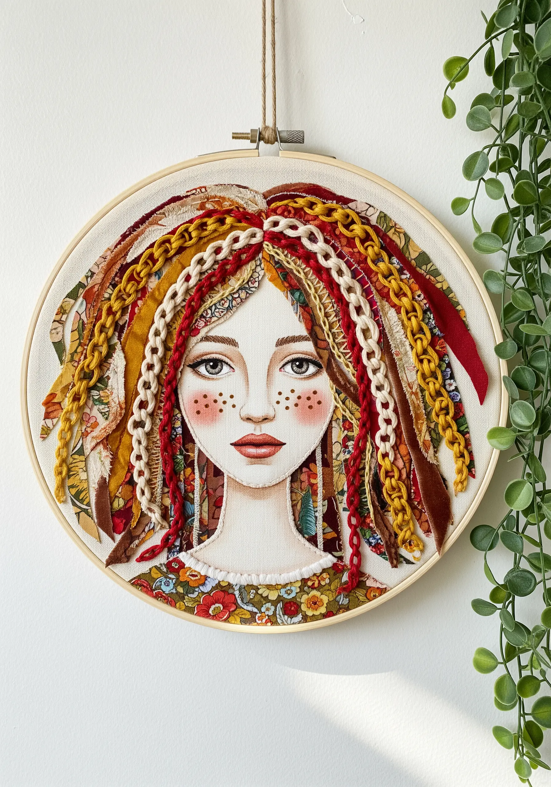 Embroidery hoop portrait with textured hair made from colorful fabric strips and yarn braids.