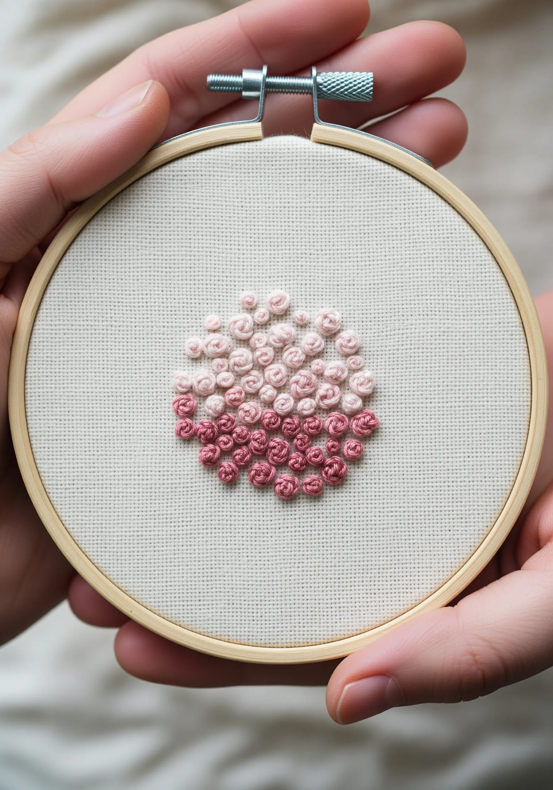 A dense cluster of pink and white French knots forming a color gradient.