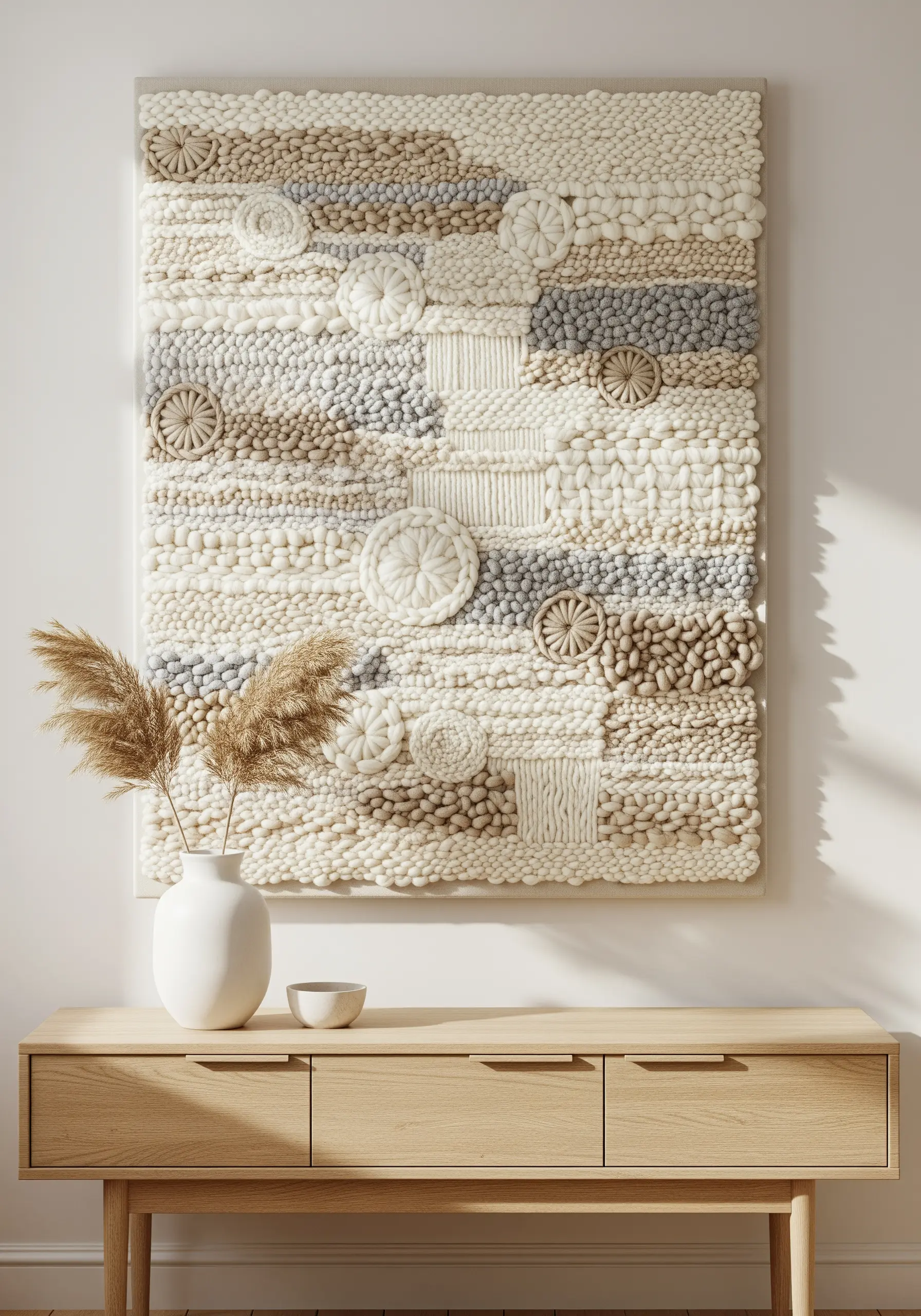 A large-scale neutral embroidery wall hanging with couched yarn and dense French knots.