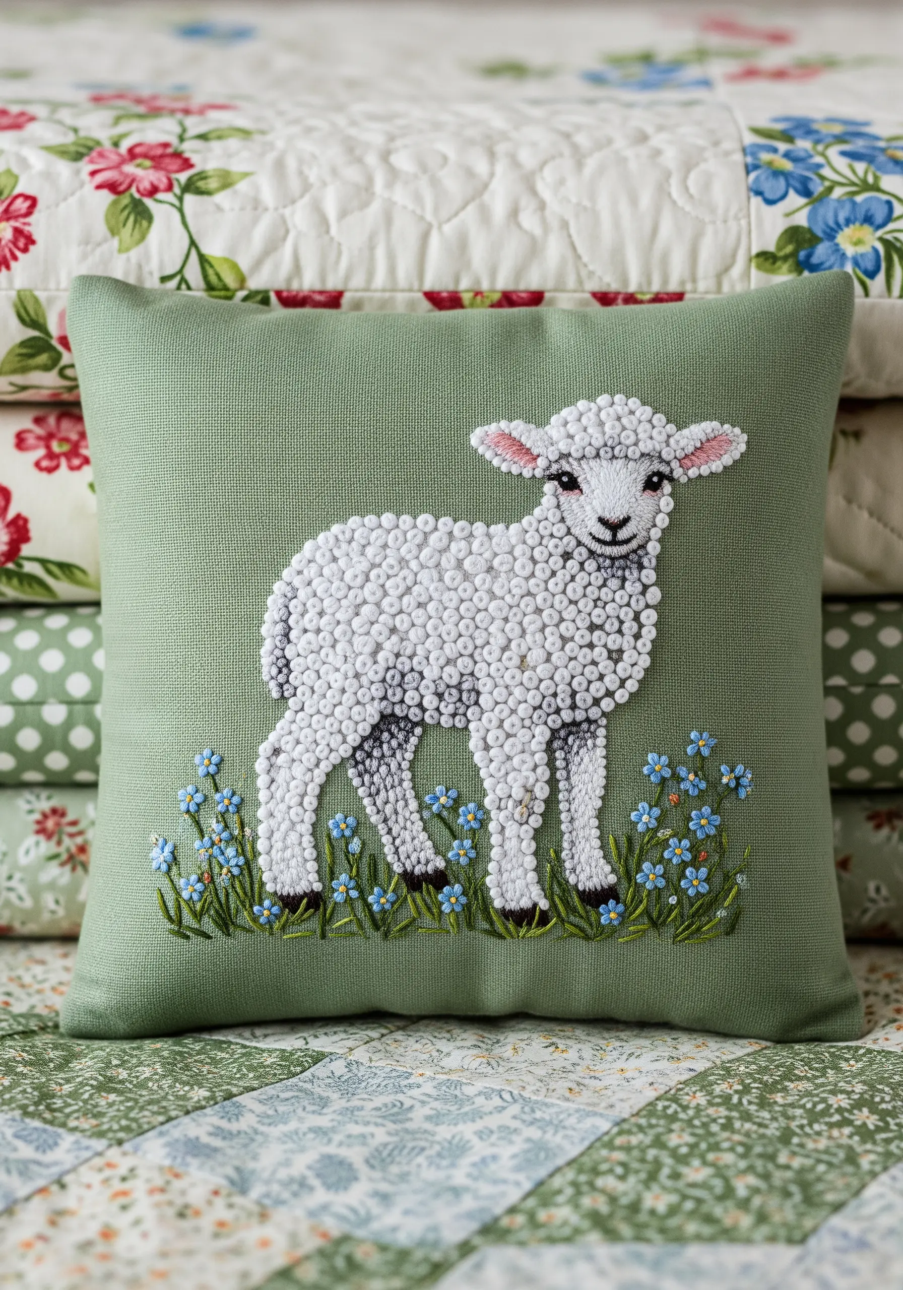 Lamb embroidered with dense white French knots for a woolly texture.