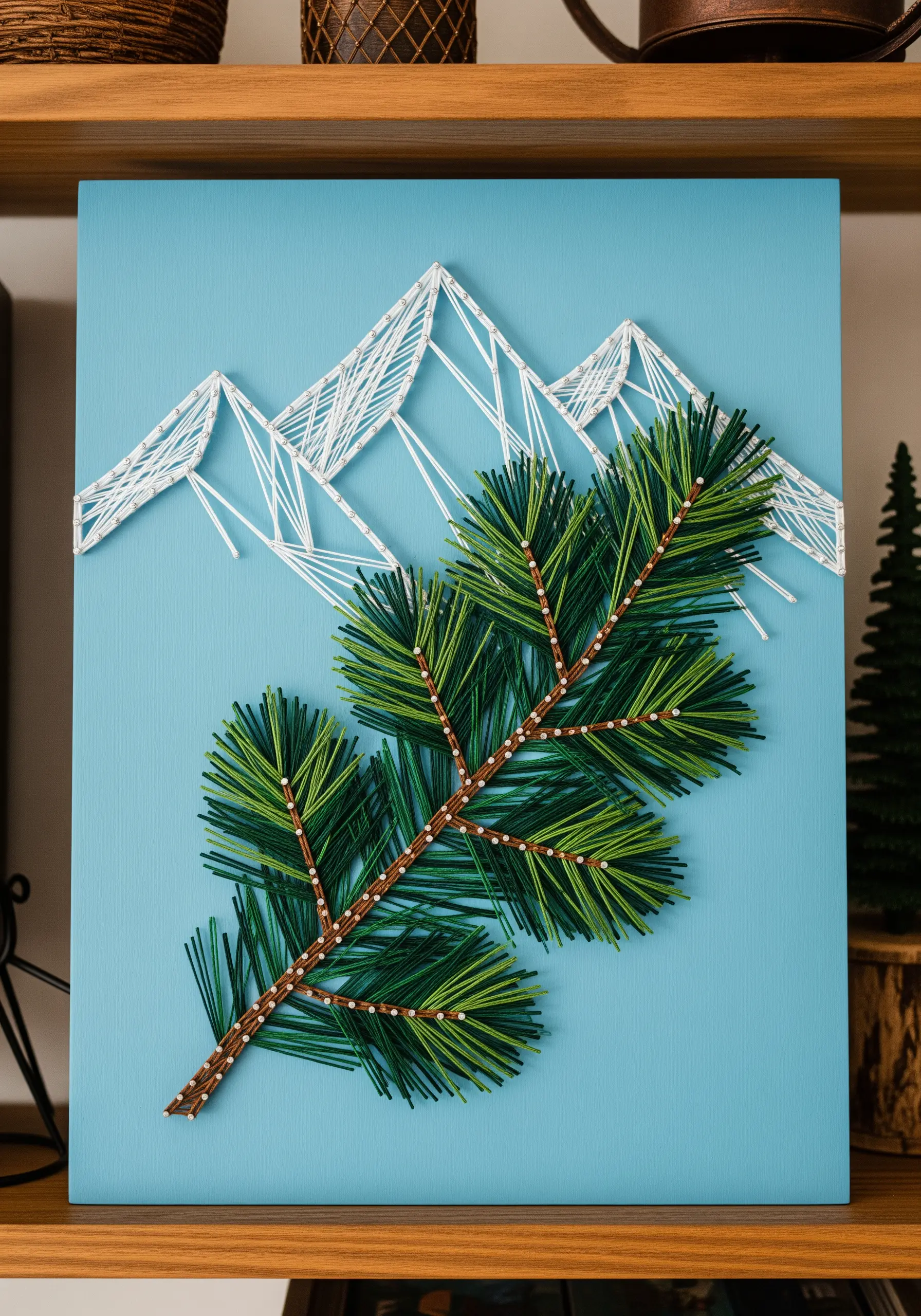 String art of a dense green pine branch set against a backdrop of white mountain outlines.