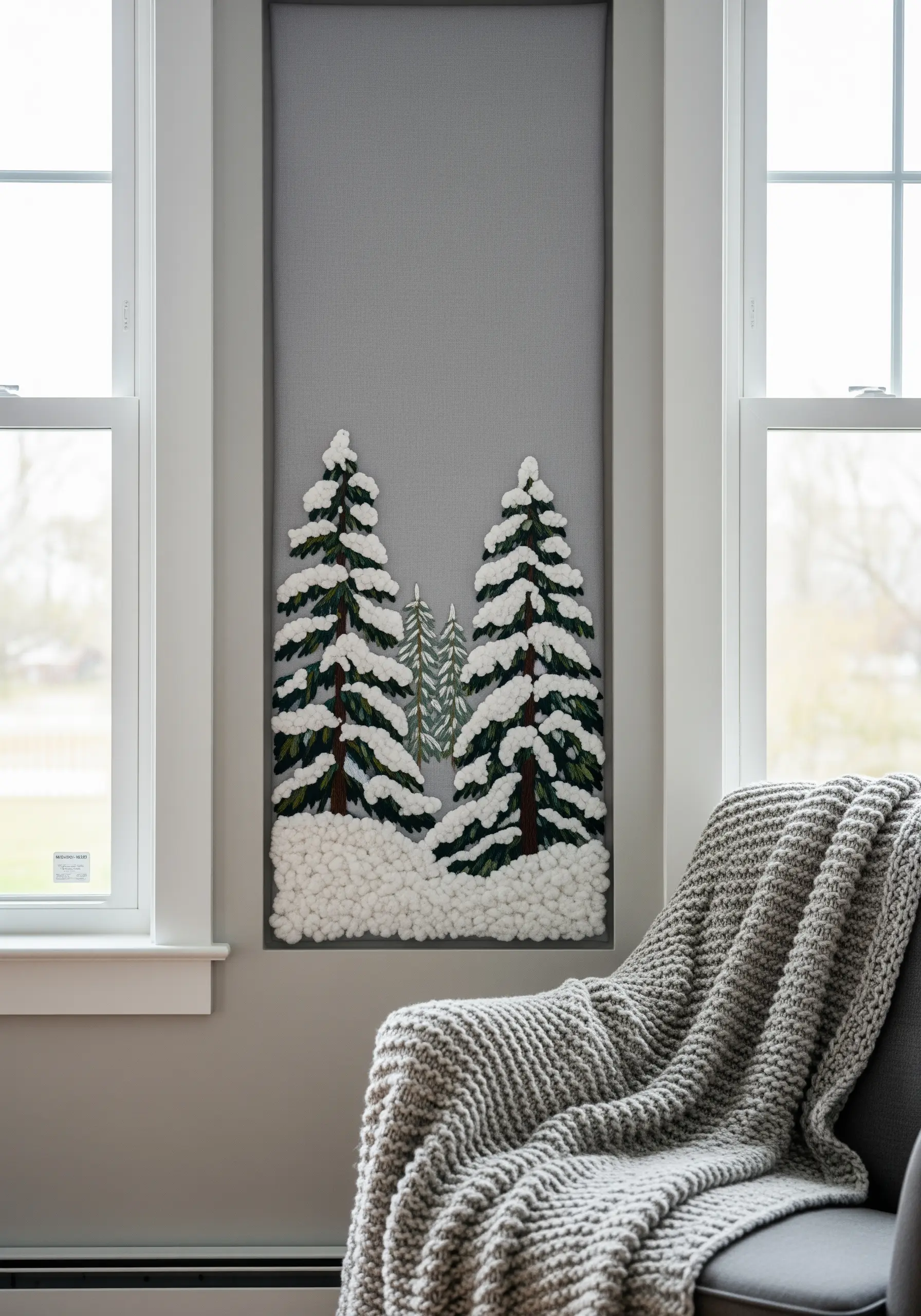 An embroidered winter scene of snow-covered pine trees with textured, fluffy snow.