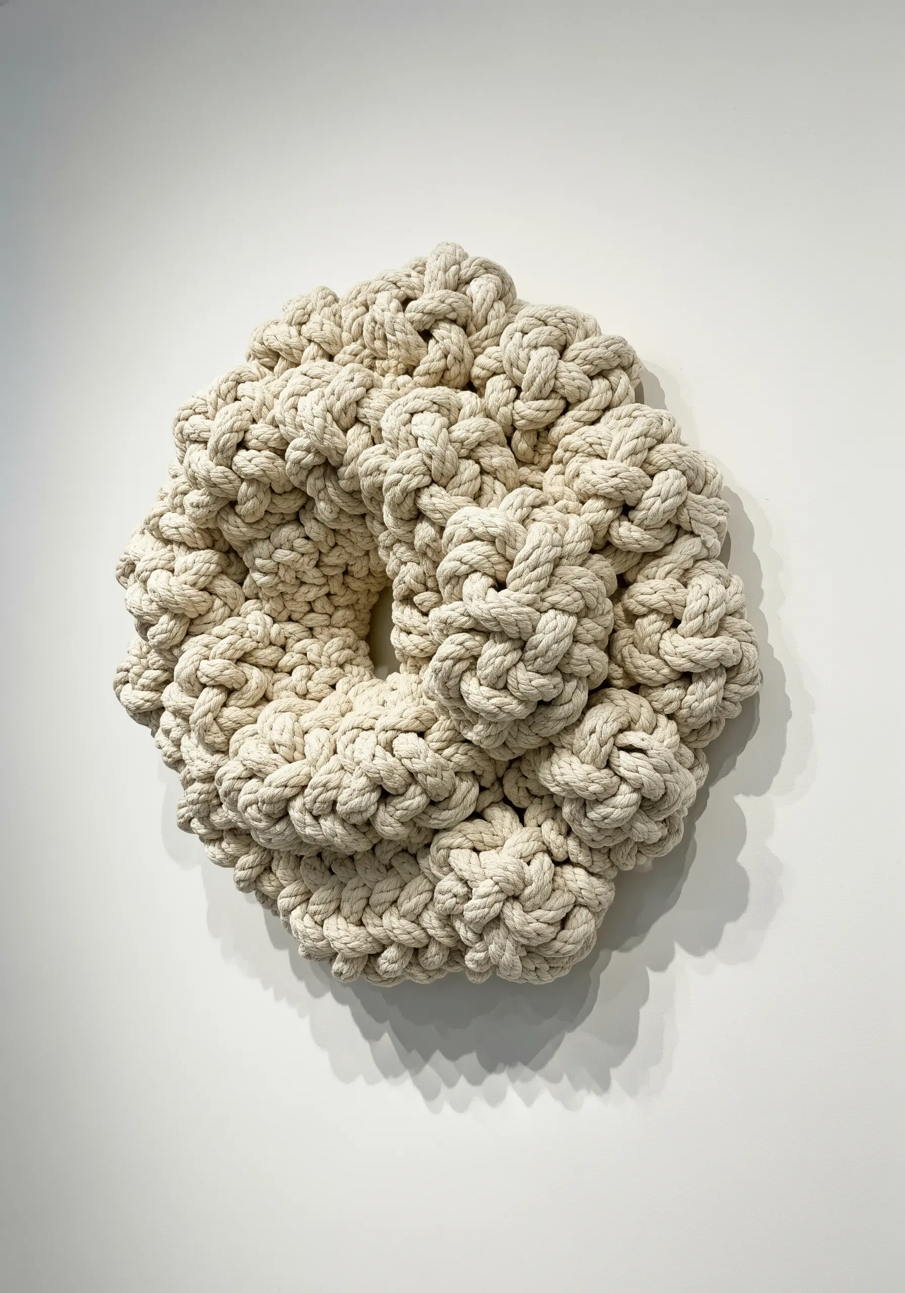 A three-dimensional sculpture made from thick, cream-colored rope tied in dense knots.