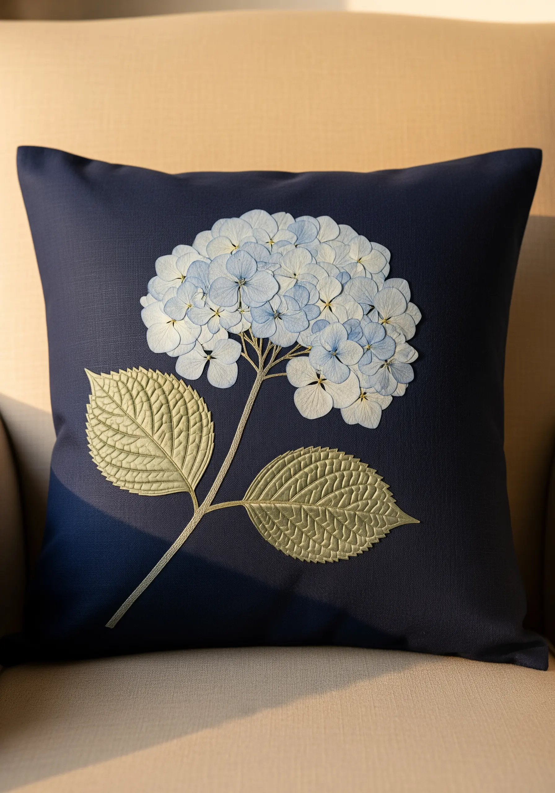 3D hydrangea on a dark blue cushion cover with embroidered leaves.