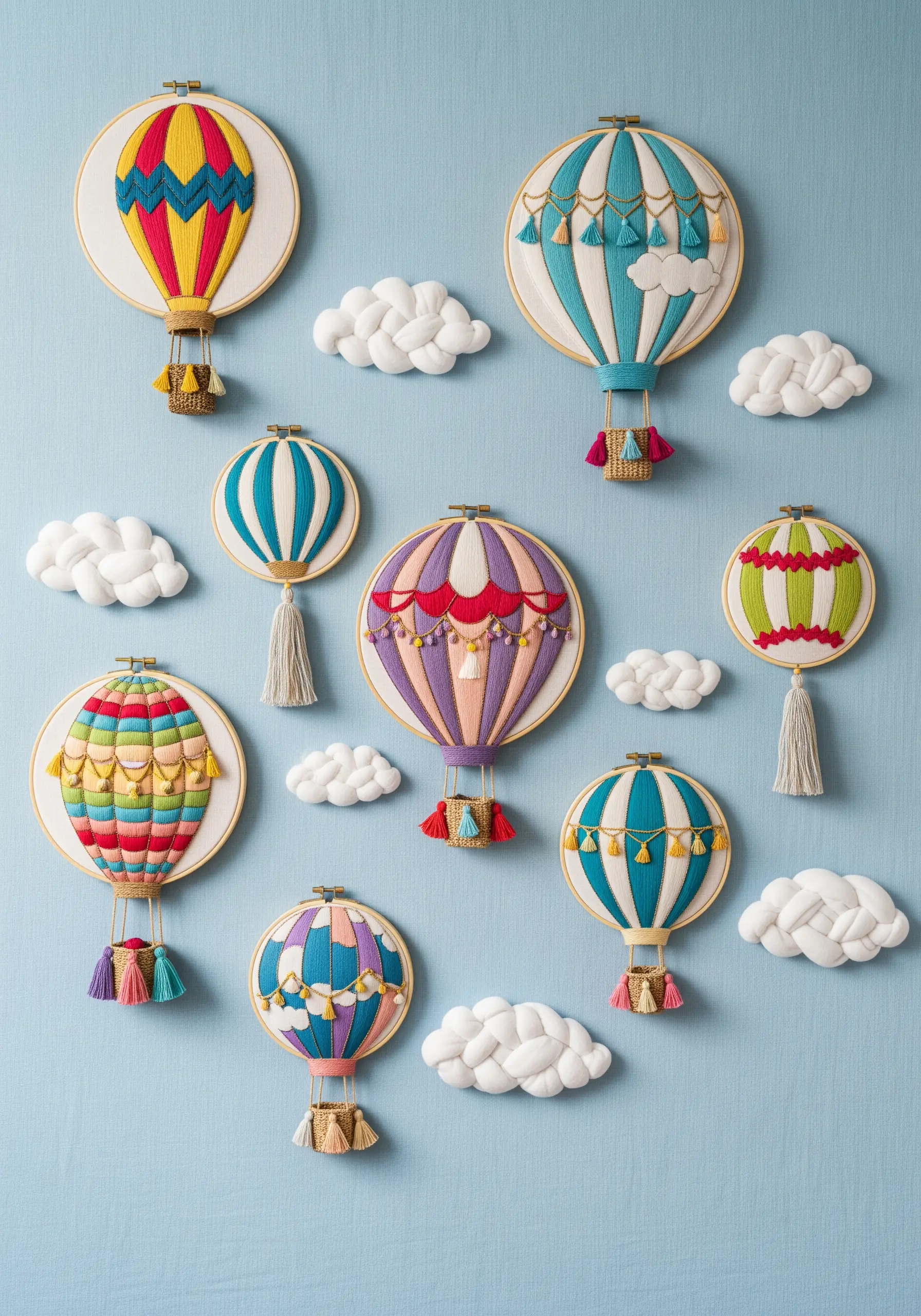 A collection of colorful, three-dimensional embroidered hot air balloons with tassels and yarn clouds.