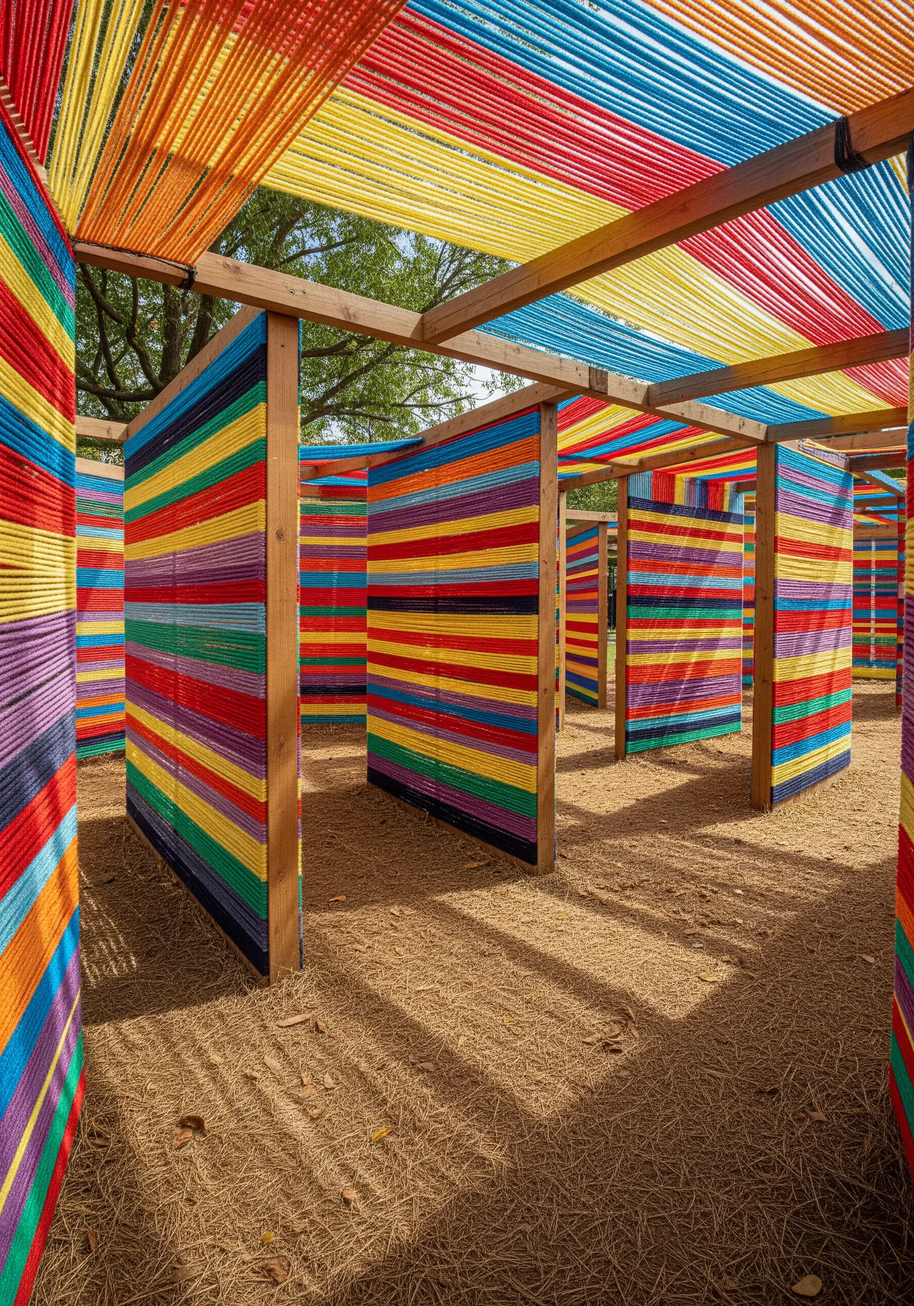 An outdoor maze-like structure with walls made of brightly colored yarn wrapped horizontally.