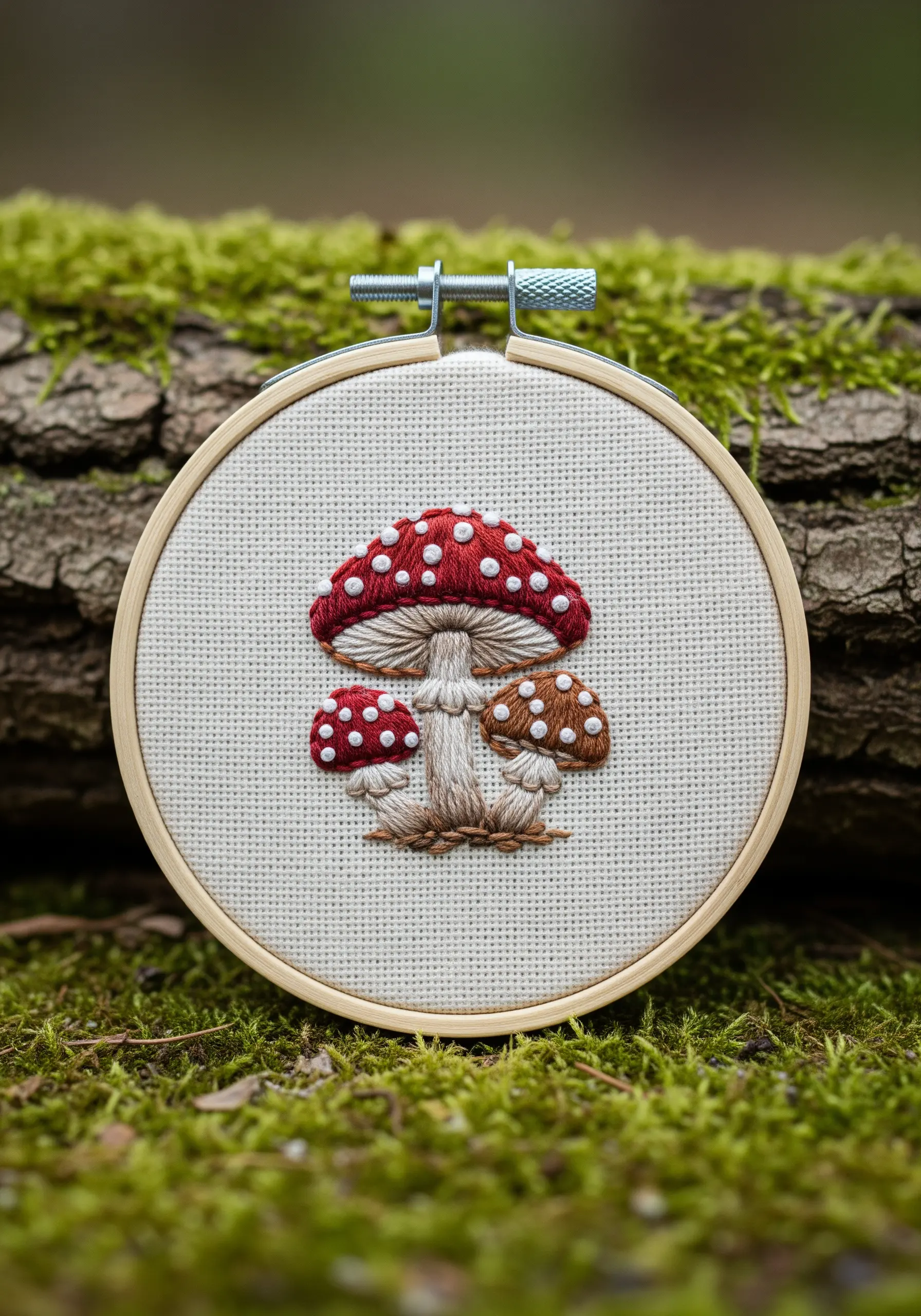 A cluster of red and brown toadstool mushrooms embroidered on Aida cloth.