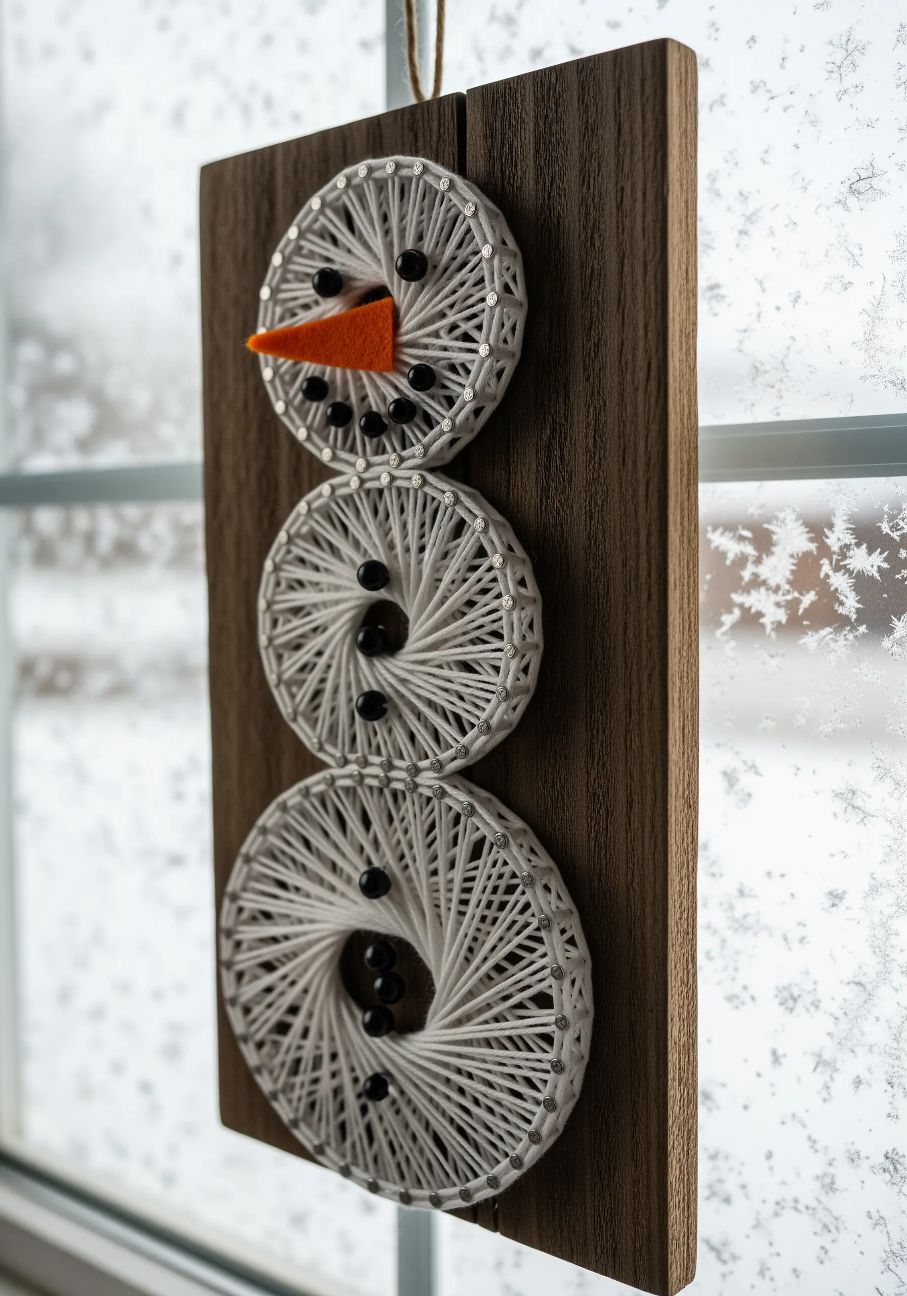 A string art snowman made of three white circles on a dark wood plank.