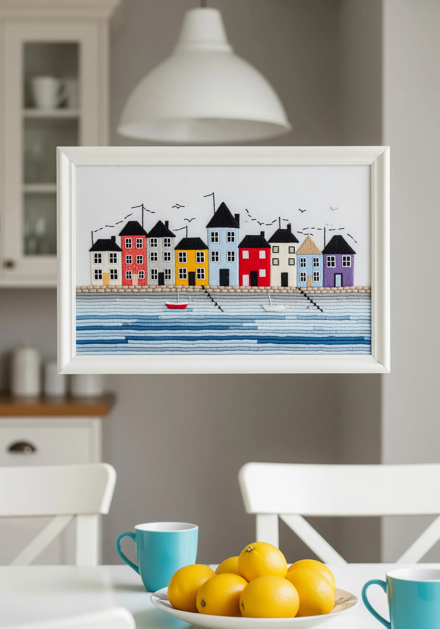 Framed embroidery of a colorful coastal village with houses and boats by the water.