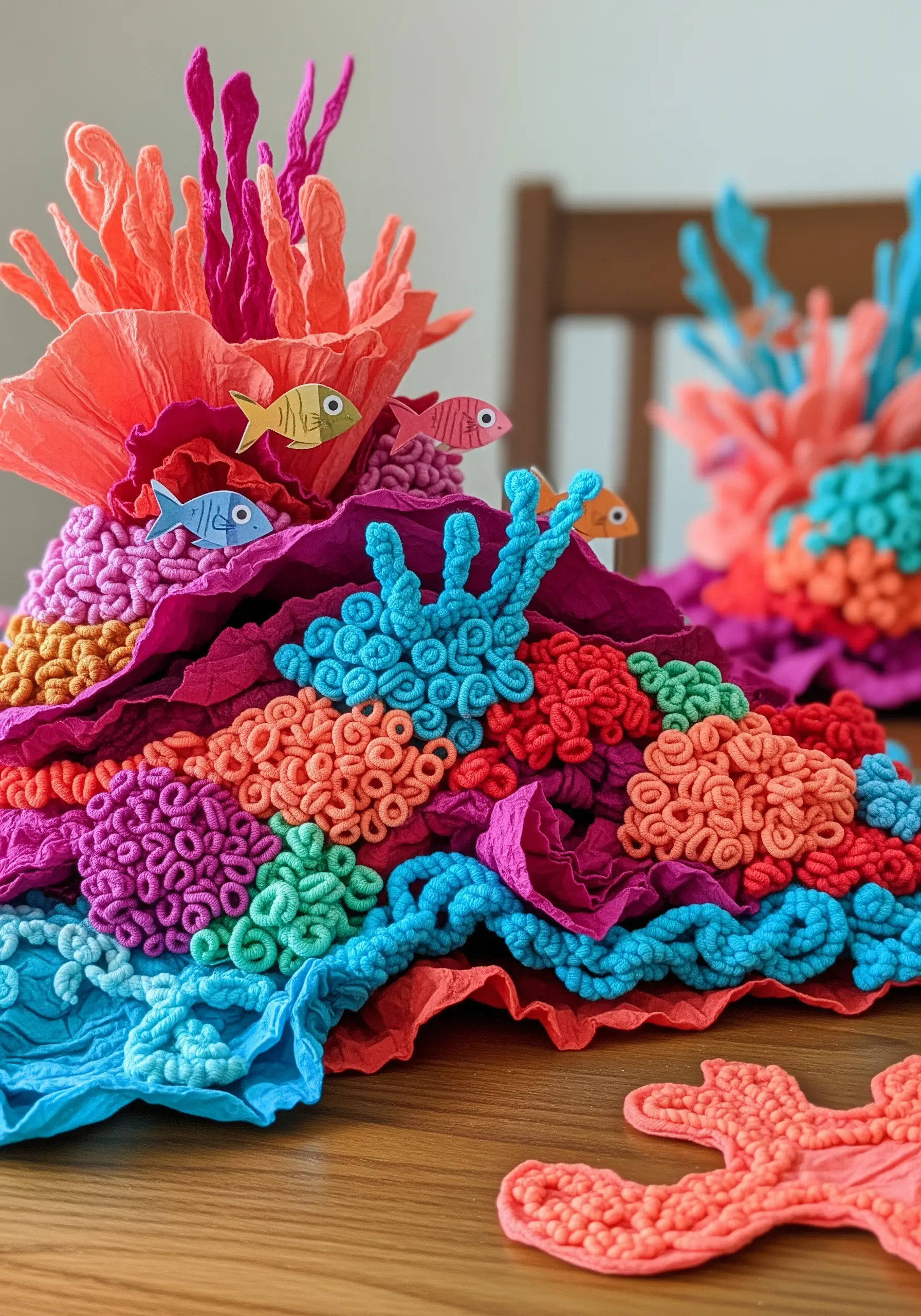 A vibrant 3D coral reef made from paper and highly textured embroidery stitches like bullion knots.