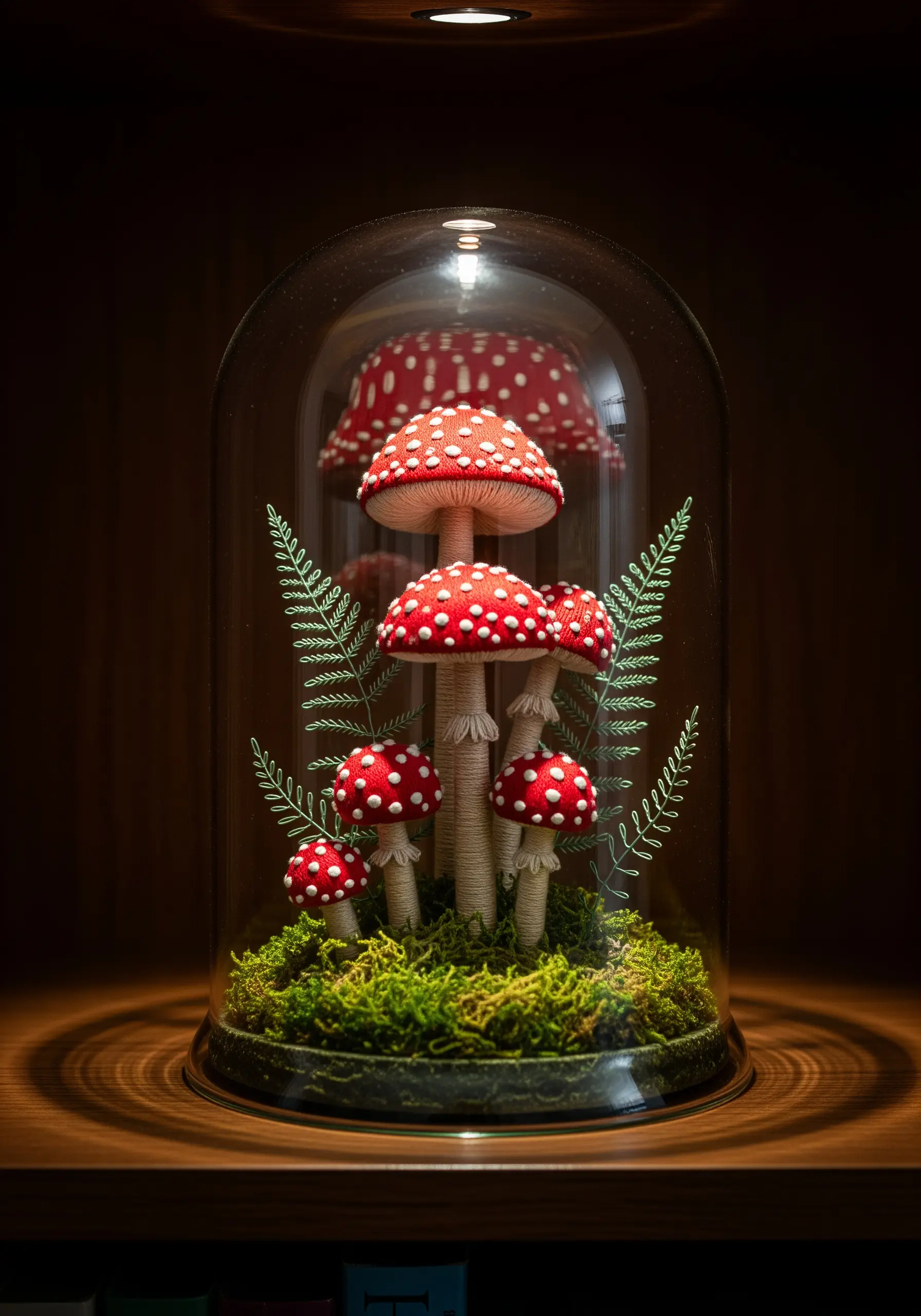 A detailed stumpwork embroidery of red-and-white mushrooms displayed under a glass cloche.