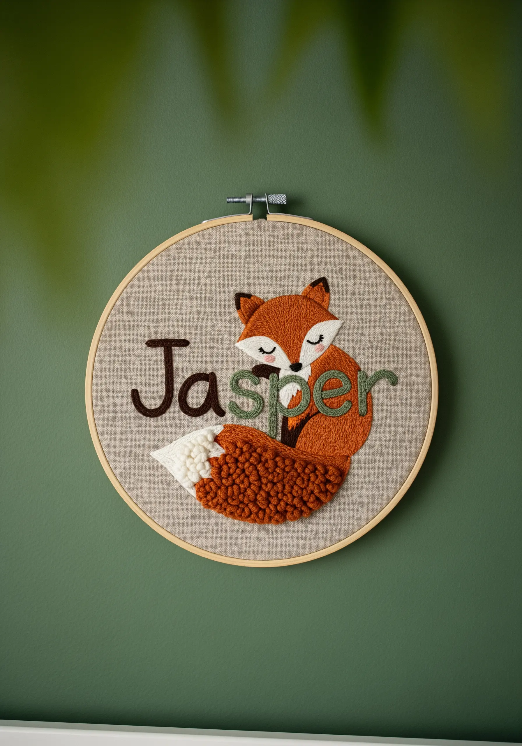 Embroidery hoop with a name and a fox featuring a highly textured, knotted tail.