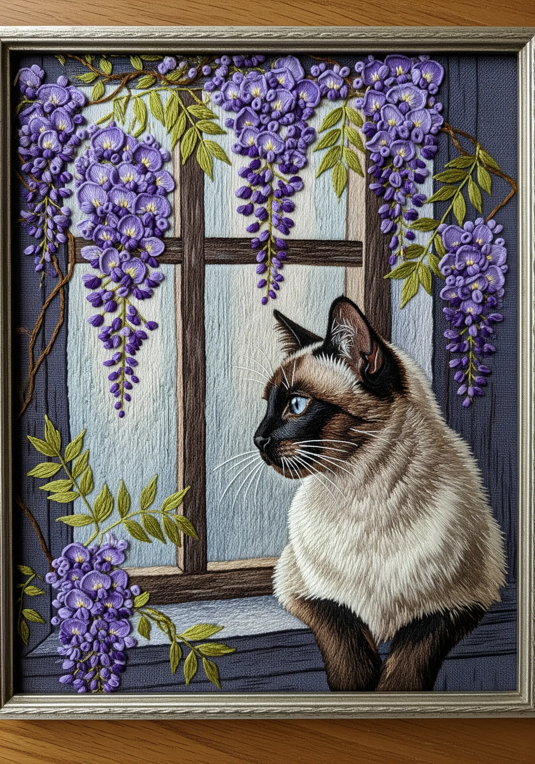 Embroidered Siamese cat at a window framed by purple wisteria.