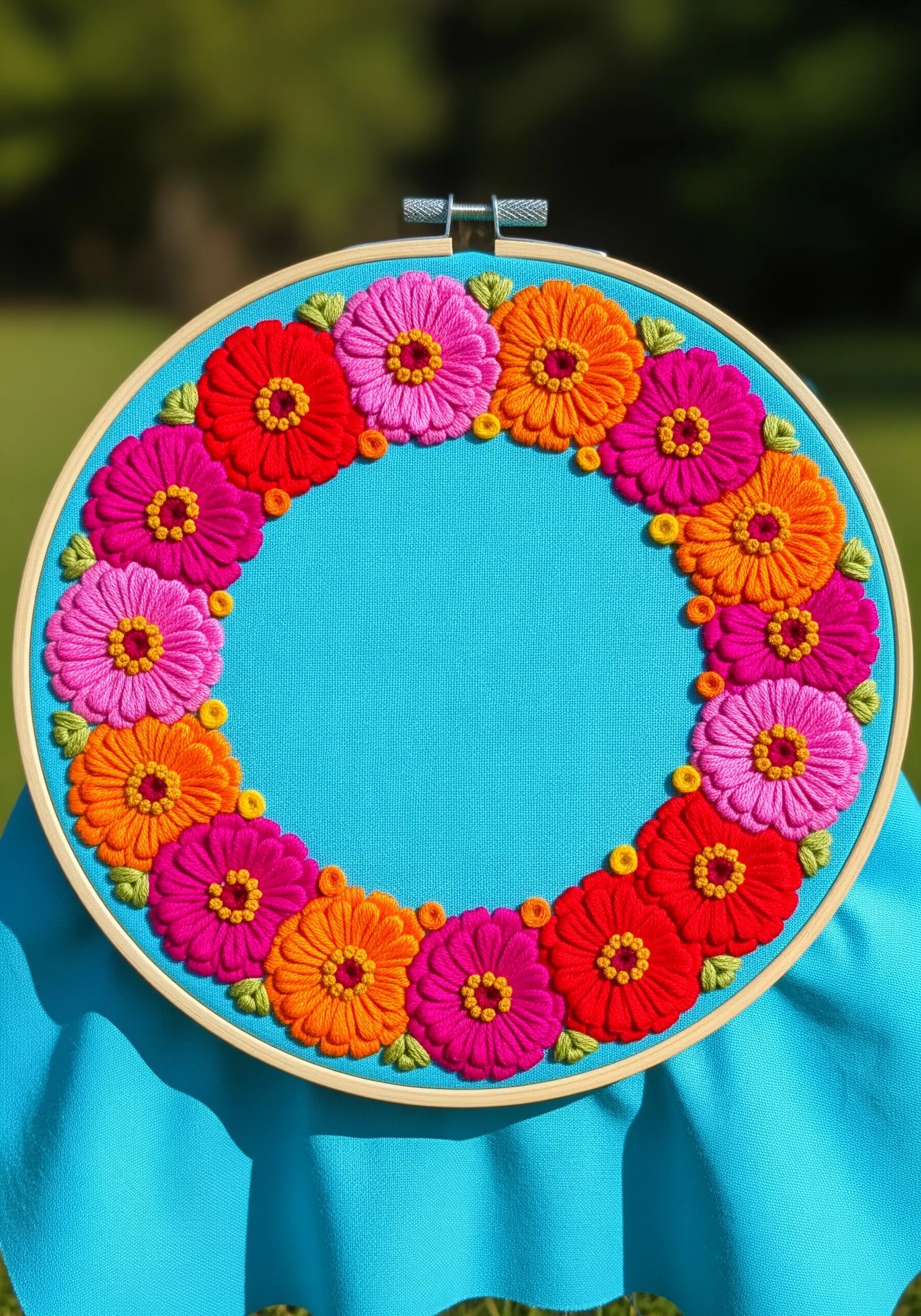 A vibrant wreath of embroidered zinnias in pink, orange, and red on a turquoise background.