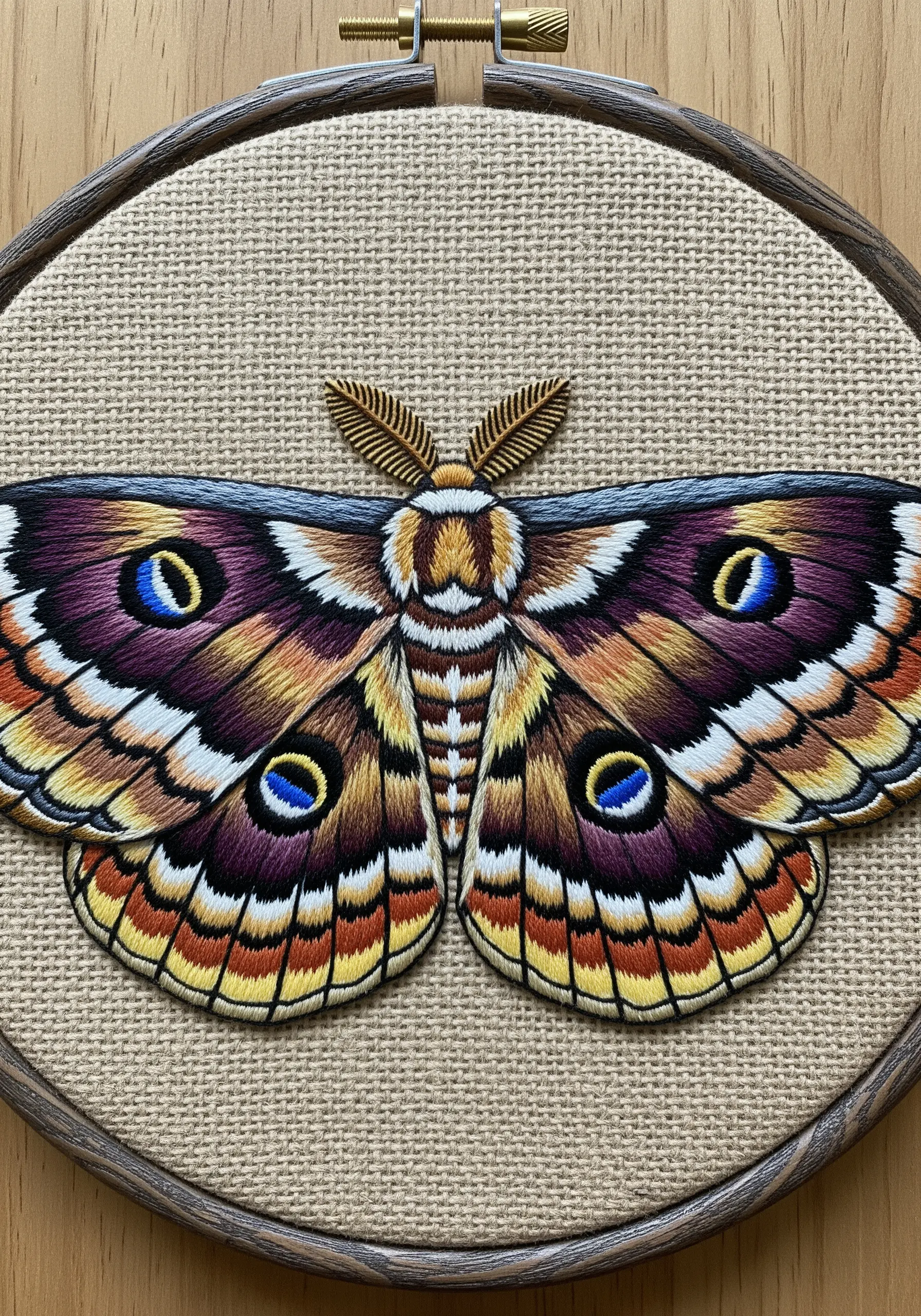 A highly detailed, close-up embroidery of a colorful Emperor moth's wings.