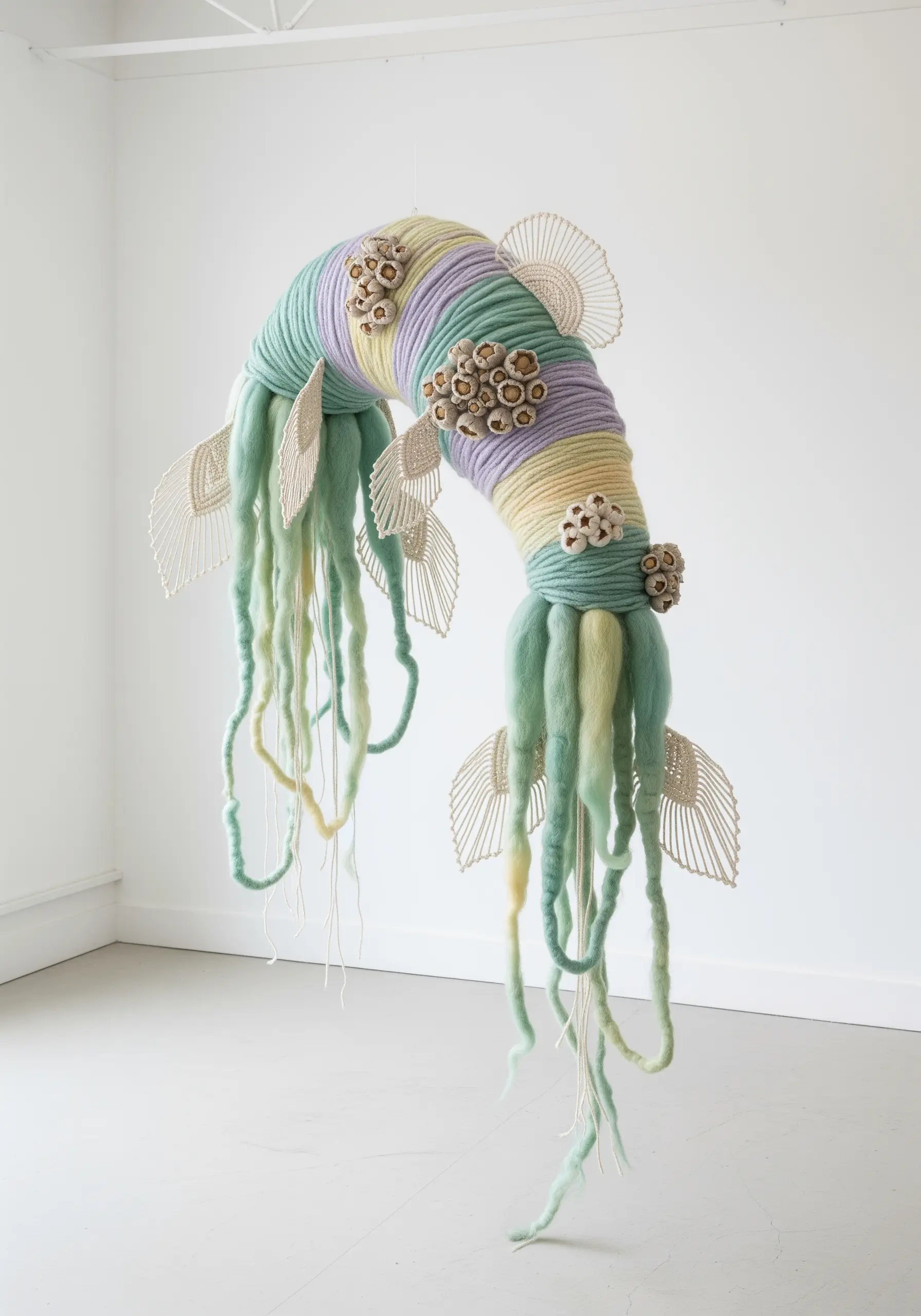 Large-scale pastel fiber art sculpture with wrapped yarn, felted wool, and macrame details.
