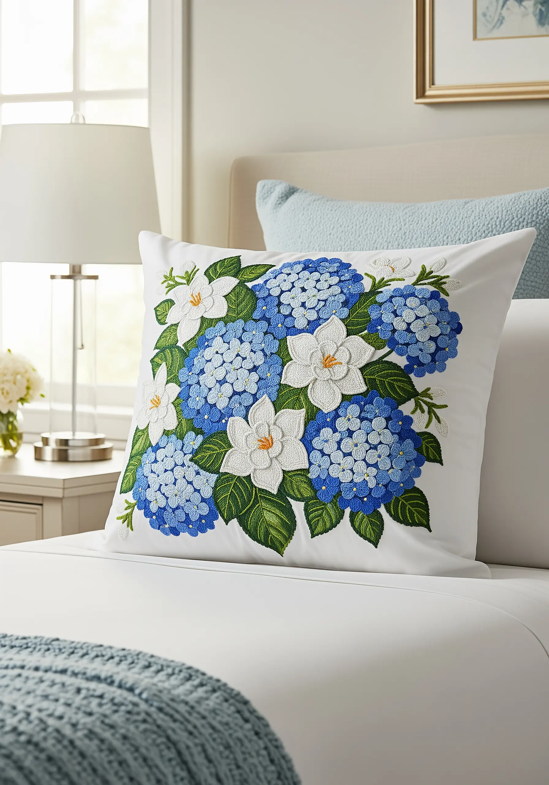 A white pillow with a large embroidered bouquet of blue hydrangeas made from French knots.