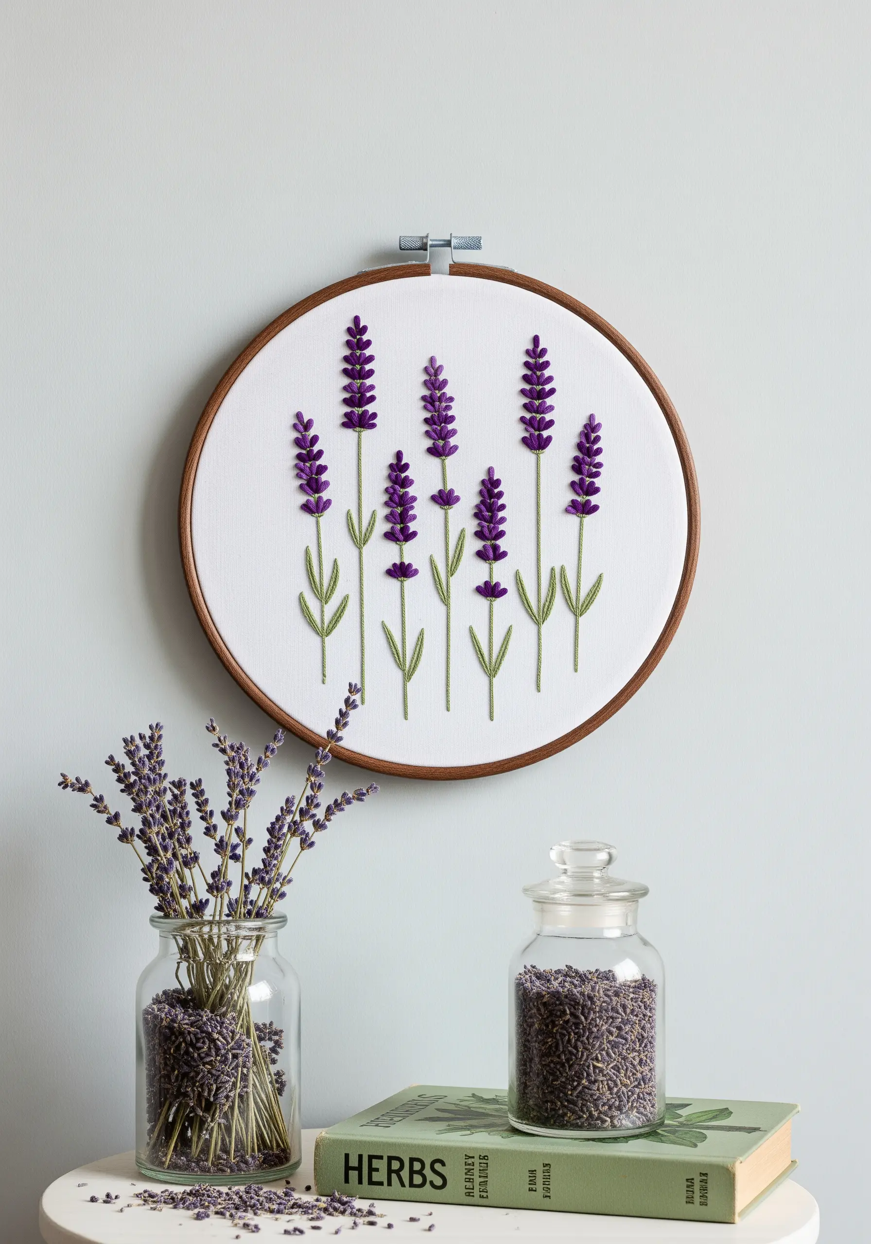 Embroidered lavender sprigs with purple bullion knots on a white fabric background.