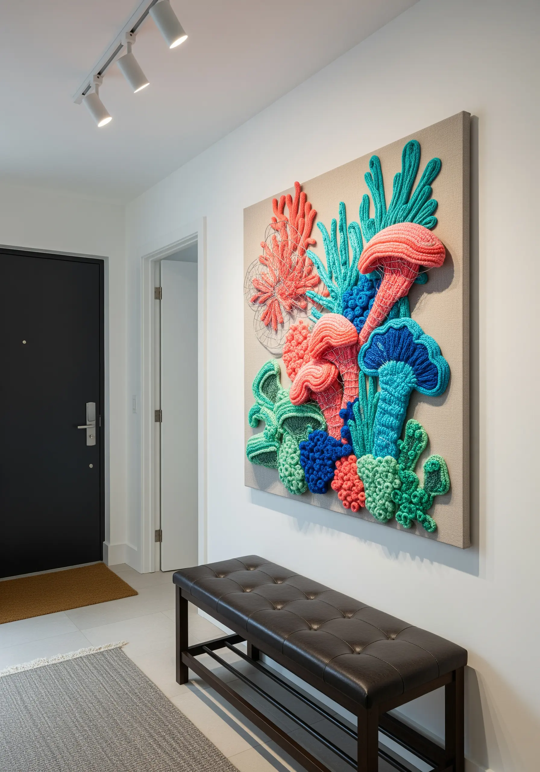A 3D fiber art piece of a colorful coral reef made with sculptural crochet and embroidery.
