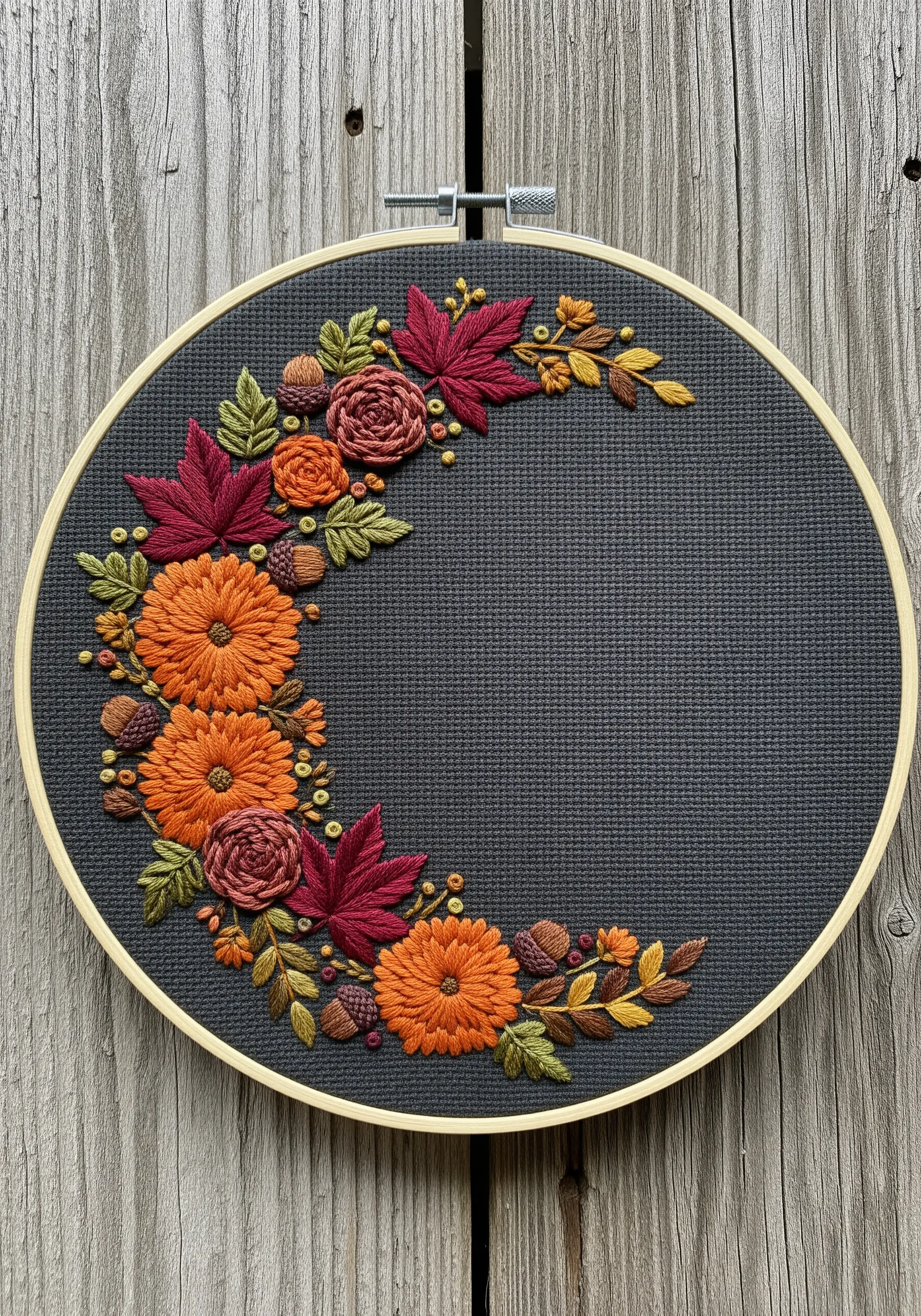 Autumnal embroidery crescent with orange mums, red roses, acorns, and maple leaves on dark fabric.