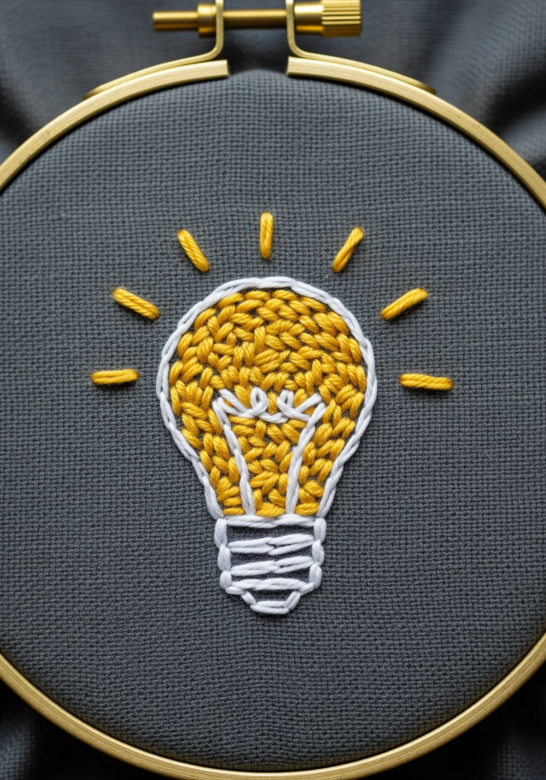 A lightbulb motif filled with textured yellow chain stitch and a white outline.