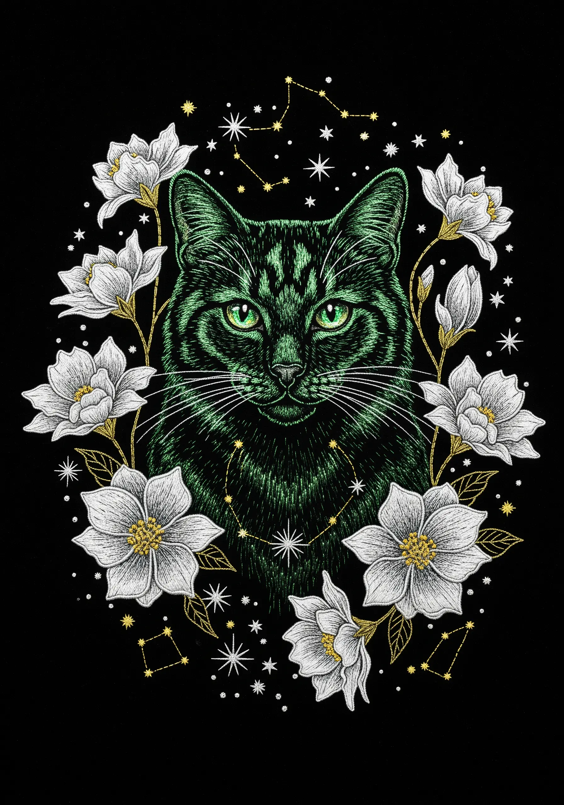 Stylized green cat on black fabric with cross-hatch texture and celestial motifs.