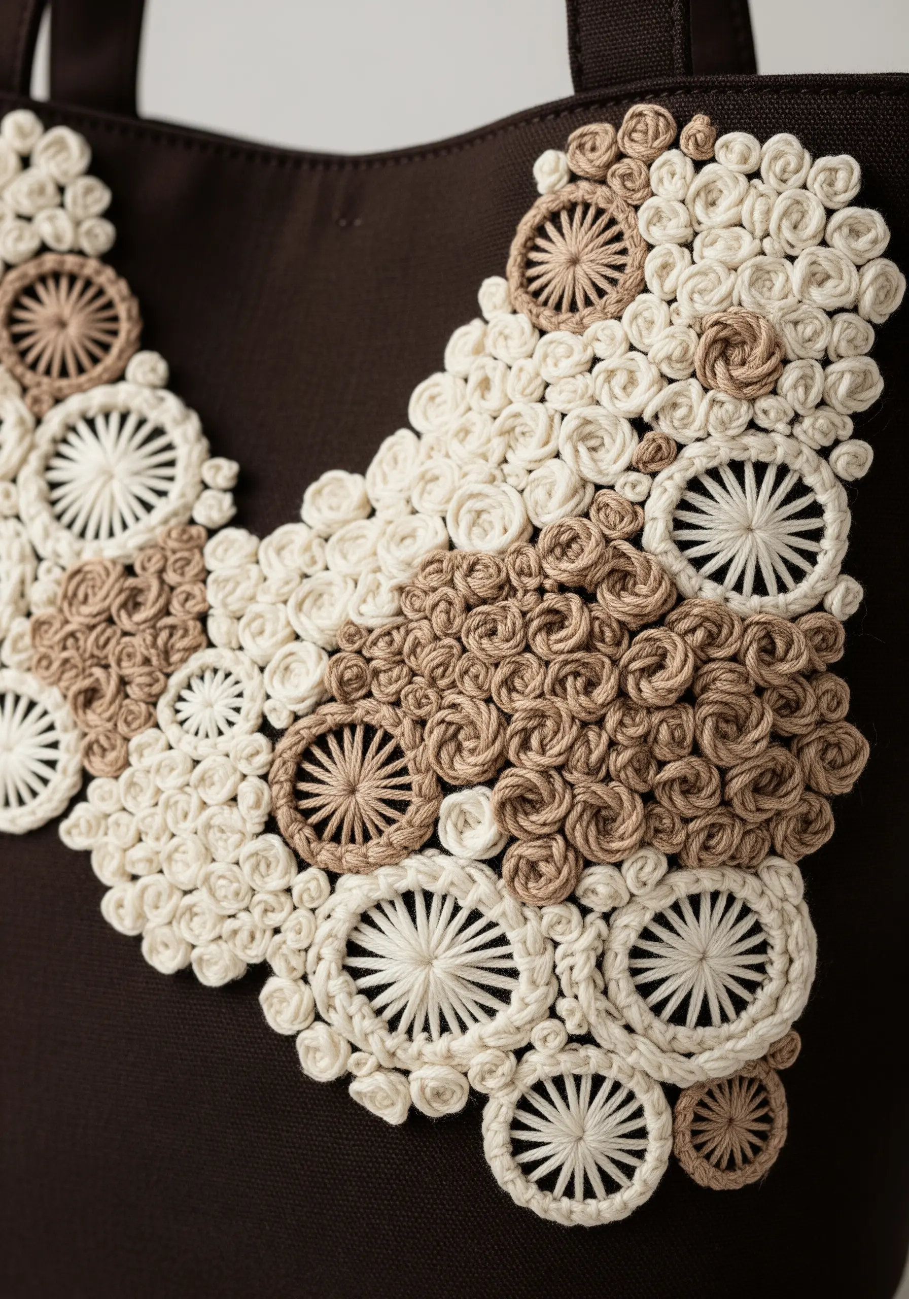A dense cluster of 3D embroidered flowers in cream and beige tones.