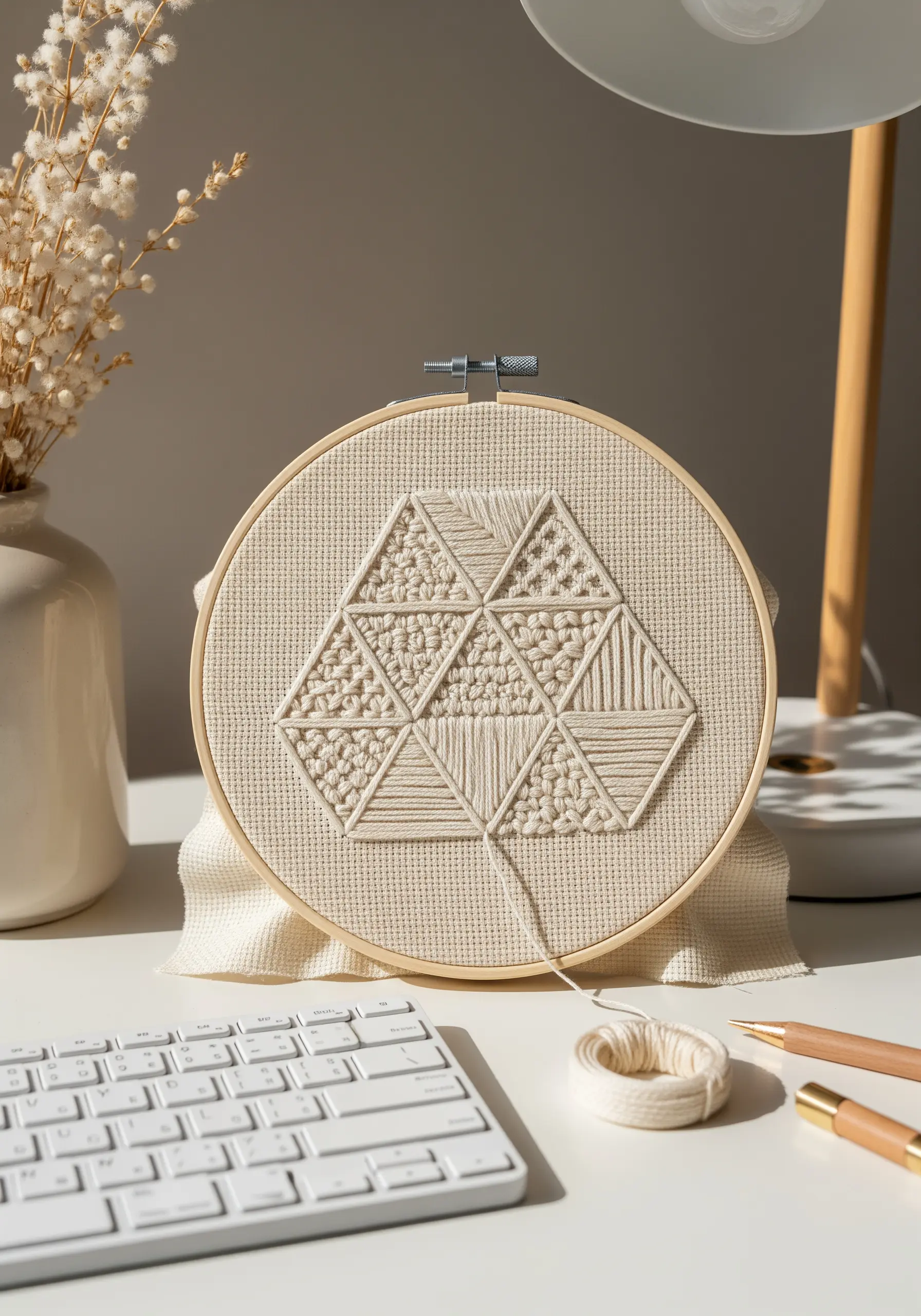 Geometric pattern with triangular sections filled with different white textural stitches.